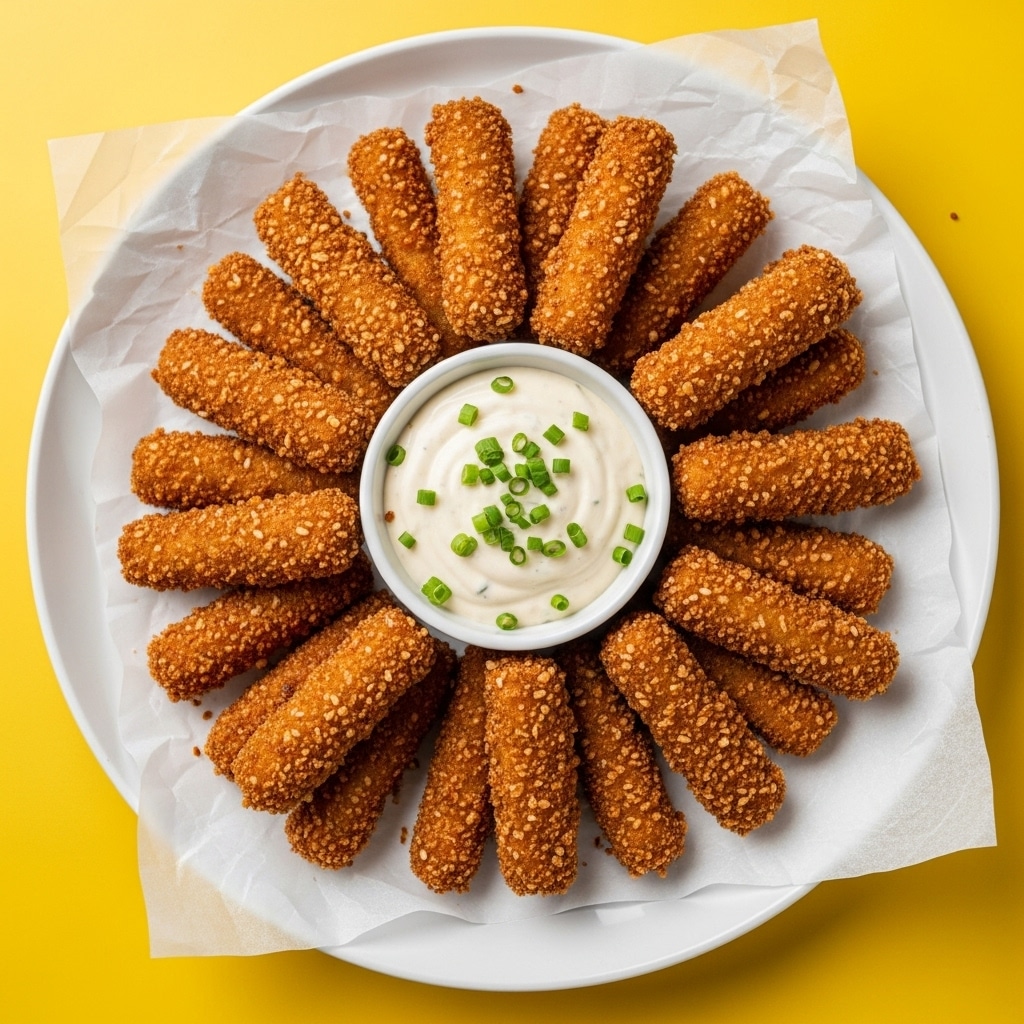 A round white plate holds several golden brown fried sticks arranged in a fanned-out pattern on a sheet of white parchment paper, showing a crunchy and crumbly texture with some sticks slightly darker at the edges. In the center of the plate is a small white bowl filled with creamy white dipping sauce topped with small green herbs. The plate sits on a bright yellow surface that contrasts with the food's warm colors. photo taken with an iphone --ar 4:5 --v 7