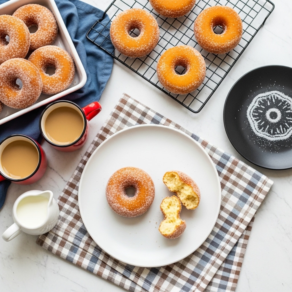 The image shows a warm breakfast scene with several golden brown baked donuts coated lightly with sugar. Three donuts are placed on a white speckled plate on a striped cloth, with one donut broken in two halves. To the right, a black plate holds a spiral of sugar, and above it, a cooling rack holds four more donuts. At the top left, a black tray carries a neat row of donuts, and two red coffee mugs filled with coffee sit on the white marbled surface. Between the mugs is a small white pitcher filled with cream, completing the cozy setup. photo taken with an iphone --ar 4:5 --v 7