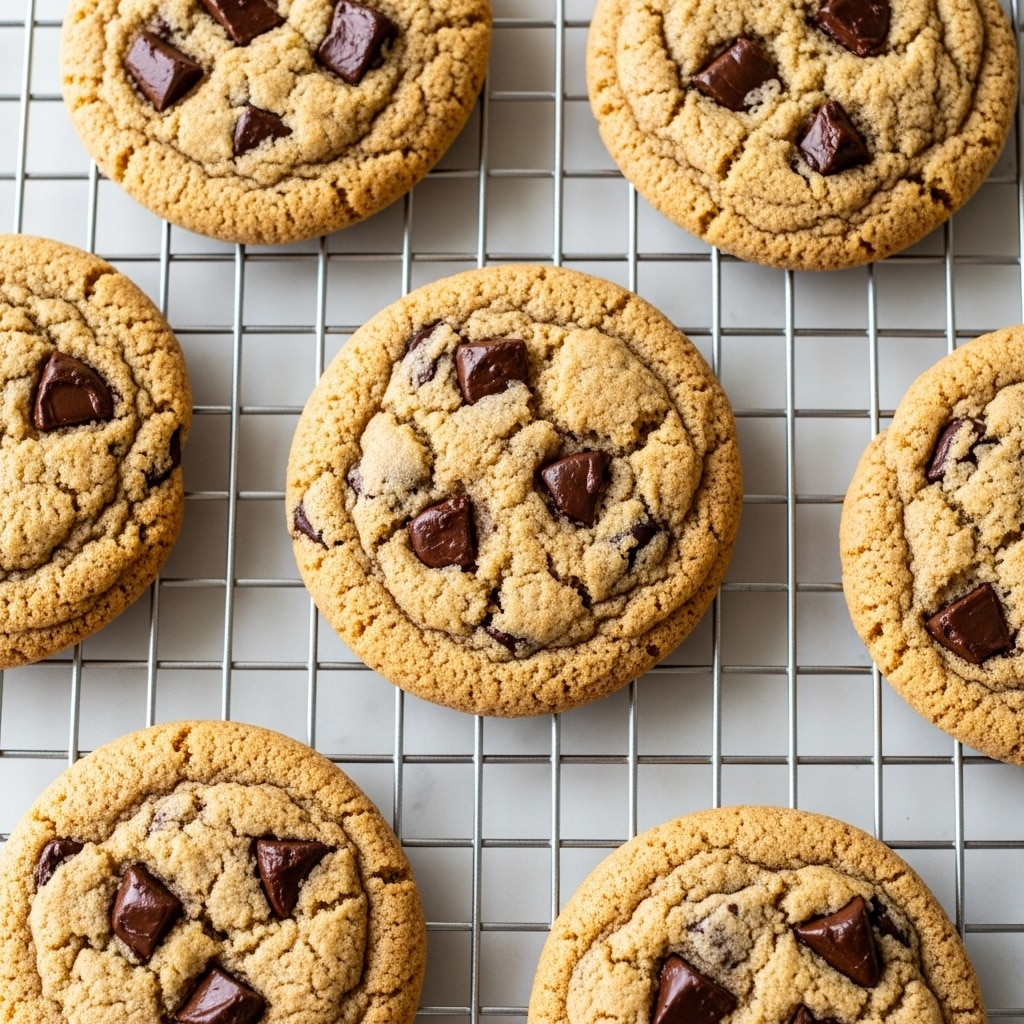 The image shows six round, golden-brown cookies resting on a metal cooling rack placed over a white marbled surface. Each cookie has a slightly cracked and rough texture with visible dark raisins or chocolate chips studded throughout. The cookies appear soft and chewy with some having distinct fork marks on top, creating light horizontal lines. The cookies are evenly spaced, showing a warm, freshly baked look with a homemade feel. photo taken with an iphone --ar 4:5 --v 7
