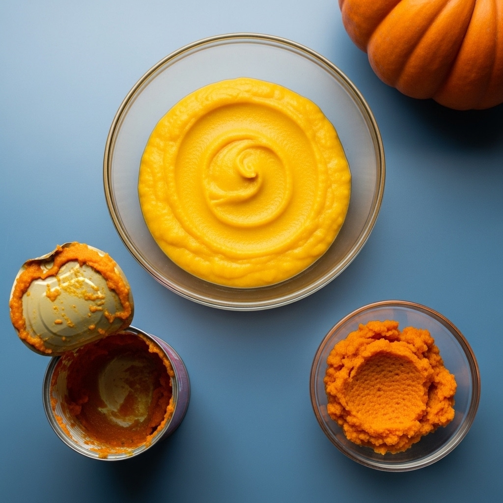 A clear glass bowl filled with a smooth, bright yellow puree is placed centrally on a white marbled surface. In the foreground, slightly out of focus, is another clear glass bowl containing an orange chunky puree. To the left, a close-up of an opened can with dark brown contents is partially visible. On the right side in the background, a large orange pumpkin is cropped, showing its textured skin. The overall scene has soft natural light and a clean, simple setup. photo taken with an iphone --ar 4:5 --v 7