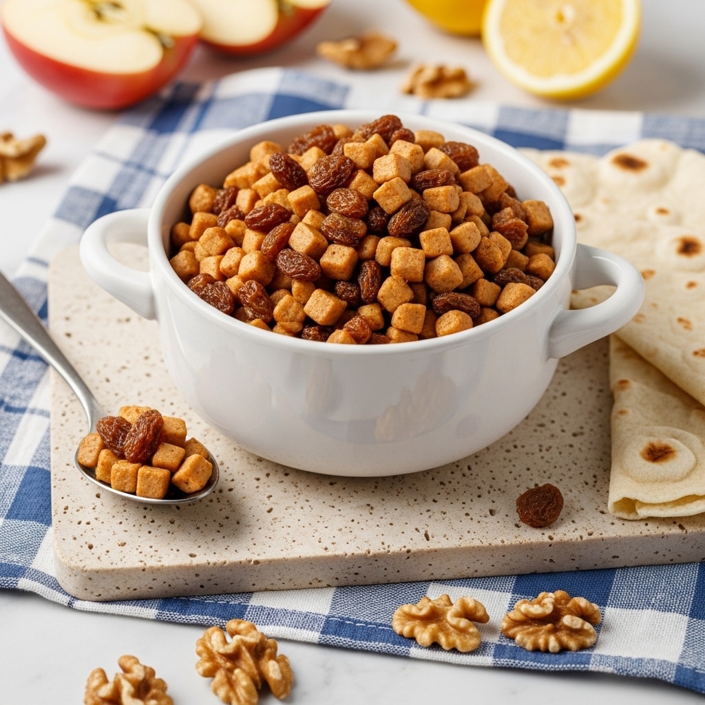 A white bowl filled to the top with a mix of small, finely chopped beige and light brown pieces, with dark brown raisins mixed throughout, showing a textured and slightly wet look. The bowl sits on a round stone board with brown speckles, with scattered walnut pieces and flat, light tan crackers placed around it. In the background, slightly out of focus, are red and yellow apple slices, a yellow lemon half, and a dark brown bottle, all set against a white marbled texture surface. photo taken with an iphone --ar 4:5 --v 7