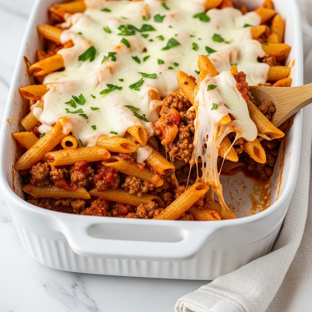 A close-up view of a white square baking dish filled with baked penne pasta. The dish has two main layers: the bottom layer is made of penne pasta coated in a rich reddish-orange tomato meat sauce with chunks of ground meat visible, while the top layer is a thick spread of melted white cheese that covers most of the pasta with a few spots showing the sauce underneath. Small green herb bits are sprinkled on the surface of the cheese, adding a fresh pop of color. A wooden spoon is scooping out some pasta from one corner, revealing the saucy layers underneath. The background is a white marbled surface. Photo taken with an iphone --ar 4:5 --v 7