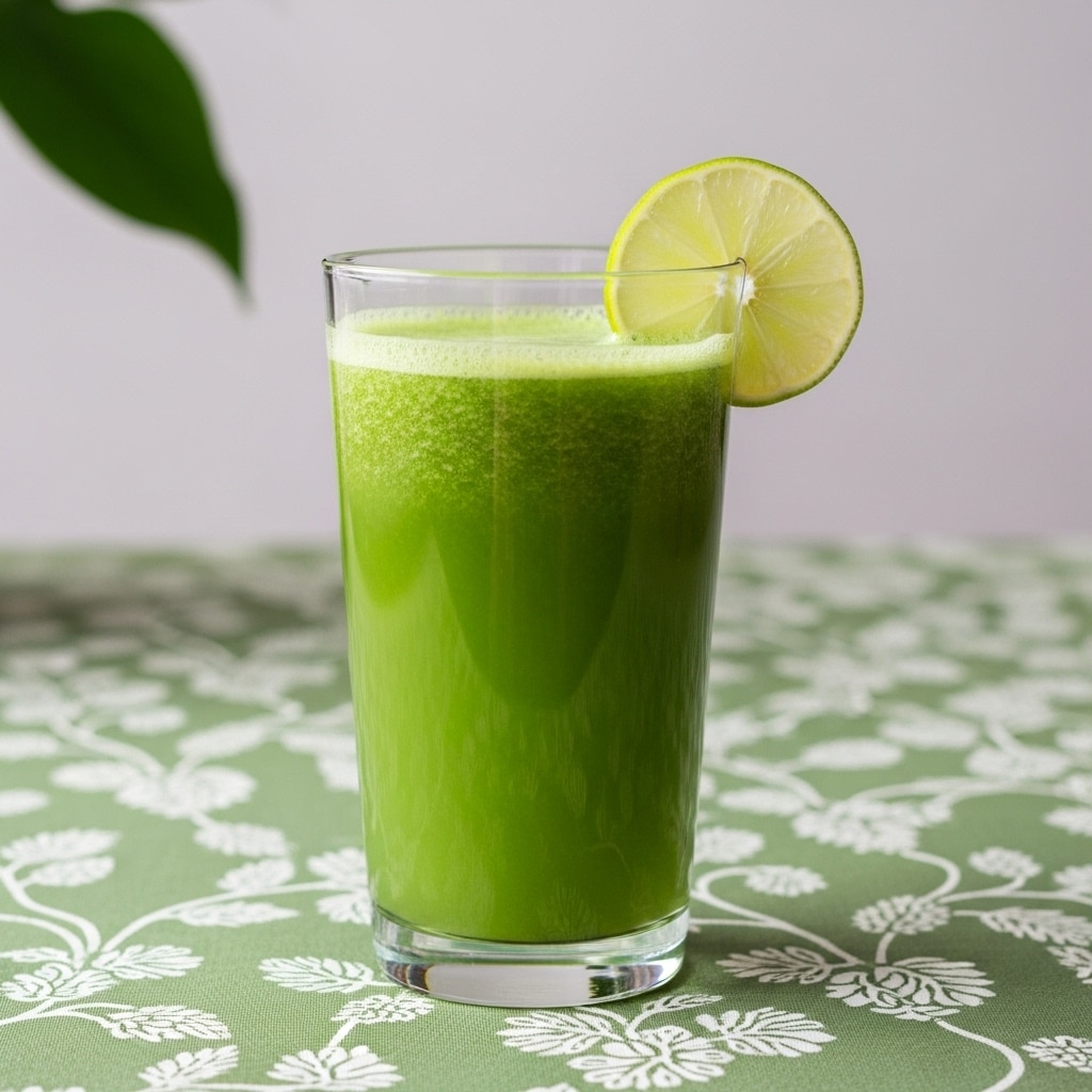 A tall clear glass filled with a smooth, bright green juice, with a thick and even texture. The glass is decorated with a thin lime wedge sitting on the rim at the top left. In the background, a woman's hand is pouring the green juice from a green container into the glass. The scene is set on a green tablecloth with a white floral pattern and a plain light background. photo taken with an iphone --ar 4:5 --v 7