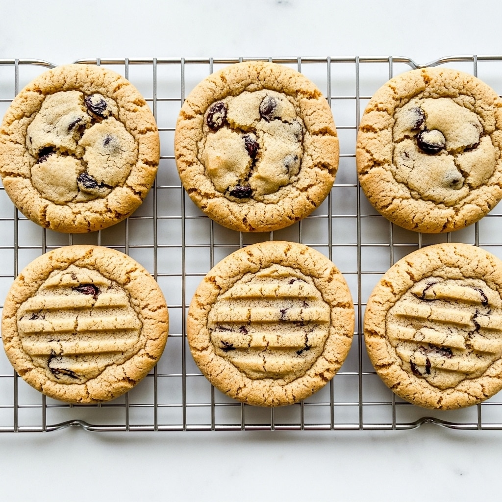 A close-up view of six round, golden brown cookies with a soft, crumbly texture, each dotted with dark chocolate chunks and slightly cracked on top. The cookies rest spaced apart on a metal cooling rack, revealing the light golden color of the warm baked dough underneath. The surface beneath the rack is a white marbled texture, adding brighter contrast to the warm tones of the cookies and rack. photo taken with an iphone --ar 4:5 --v 7
