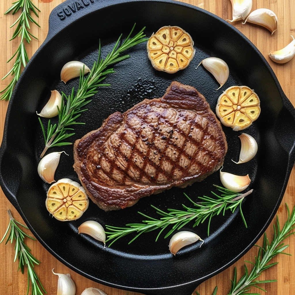 Cast Iron Skillet Ribeye Steak with Garlic and Rosemary Recipe