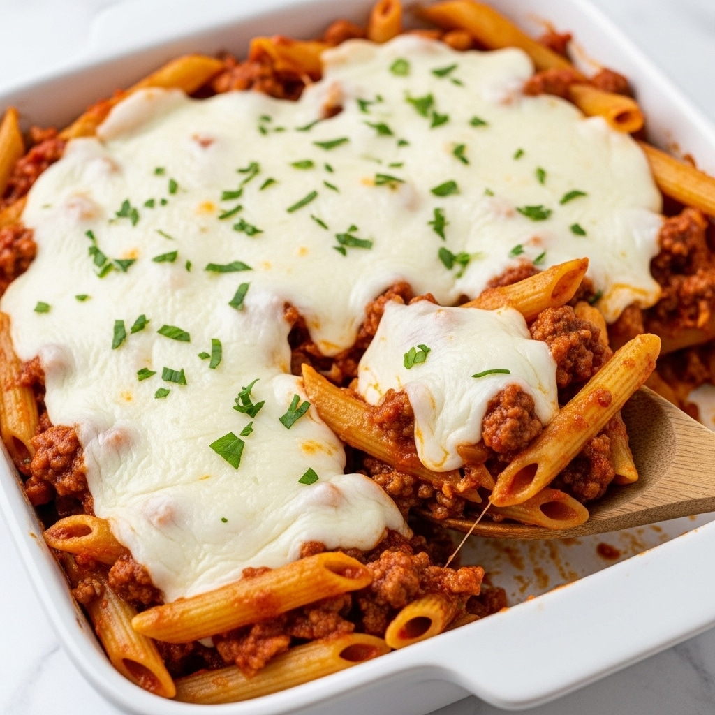 The image shows a white baking dish filled with baked pasta layered in three main parts: the bottom layer is a rich red tomato sauce mixed with browned ground meat, the middle layer consists of penne pasta coated in the sauce, and the top layer is melted white mozzarella cheese that stretches slightly where a wooden spoon scoops the pasta. Small green parsley bits are sprinkled on top, adding color contrast. The dish sits on a white marbled surface with a white cloth napkin nearby. Photo taken with an iphone --ar 4:5 --v 7