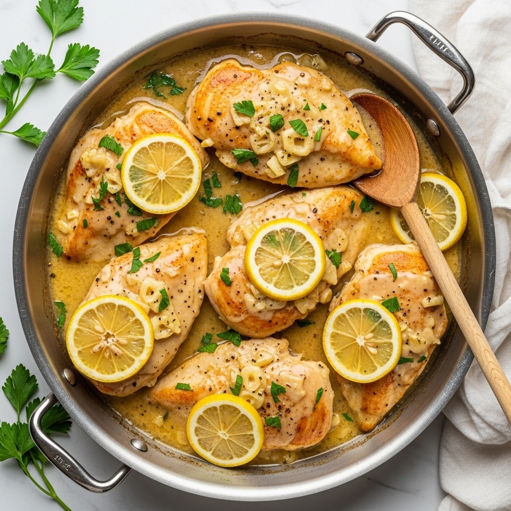 In a round silver pan, there are five pieces of cooked chicken breasts covered with thick, creamy light yellow sauce speckled with herbs and black pepper. The chicken pieces have a golden-brown grilled texture showing through the sauce. Lemon slices are placed between and on top of the chicken, adding bright yellow accents. Small green parsley leaves are sprinkled over the dish for color. A wooden spoon rests on the right side of the pan. The pan is set on a white marbled surface with some green herbs visible on the left edge and a white cloth partially seen on the right. Photo taken with an iphone --ar 4:5 --v 7