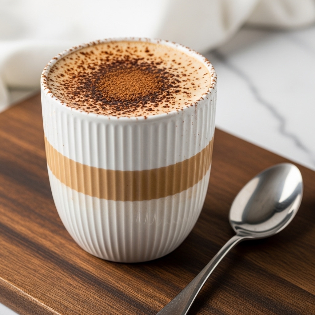A white cup with vertical lines holds a warm coffee drink with a light brown creamy color and a thin layer of darker brown cinnamon or cocoa sprinkled unevenly on top, some powder is also stuck on the inner rim of the cup. The cup is placed on a dark wooden board with a silver spoon lying next to it on the right. Part of a white marbled textured cloth can be seen on the left side of the image. Photo taken with an iphone --ar 4:5 --v 7