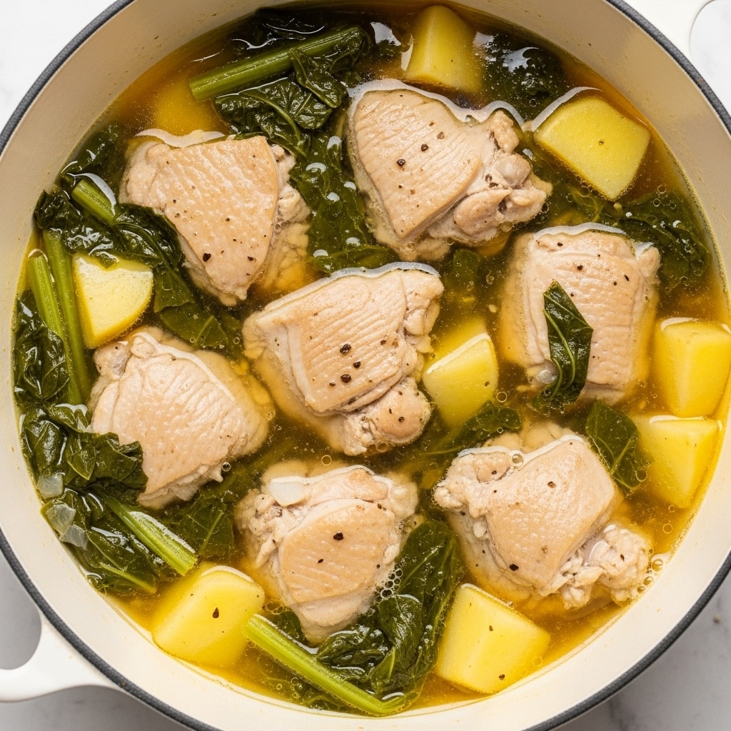 This image shows a close-up of a stew with three main layers. The bottom layer is a light, clear broth with a slightly oily surface. The middle layer contains pieces of pale, cooked chicken, showing texture of soft meat with some darker edges, scattered evenly throughout. The top layer has chunky pieces of light yellow potatoes and dark green leafy vegetables mixed in between the chicken pieces, creating a contrast of colors and textures. The whole dish is contained in a round container with a white marbled background visible around the edges. Photo taken with an iphone --ar 4:5 --v 7