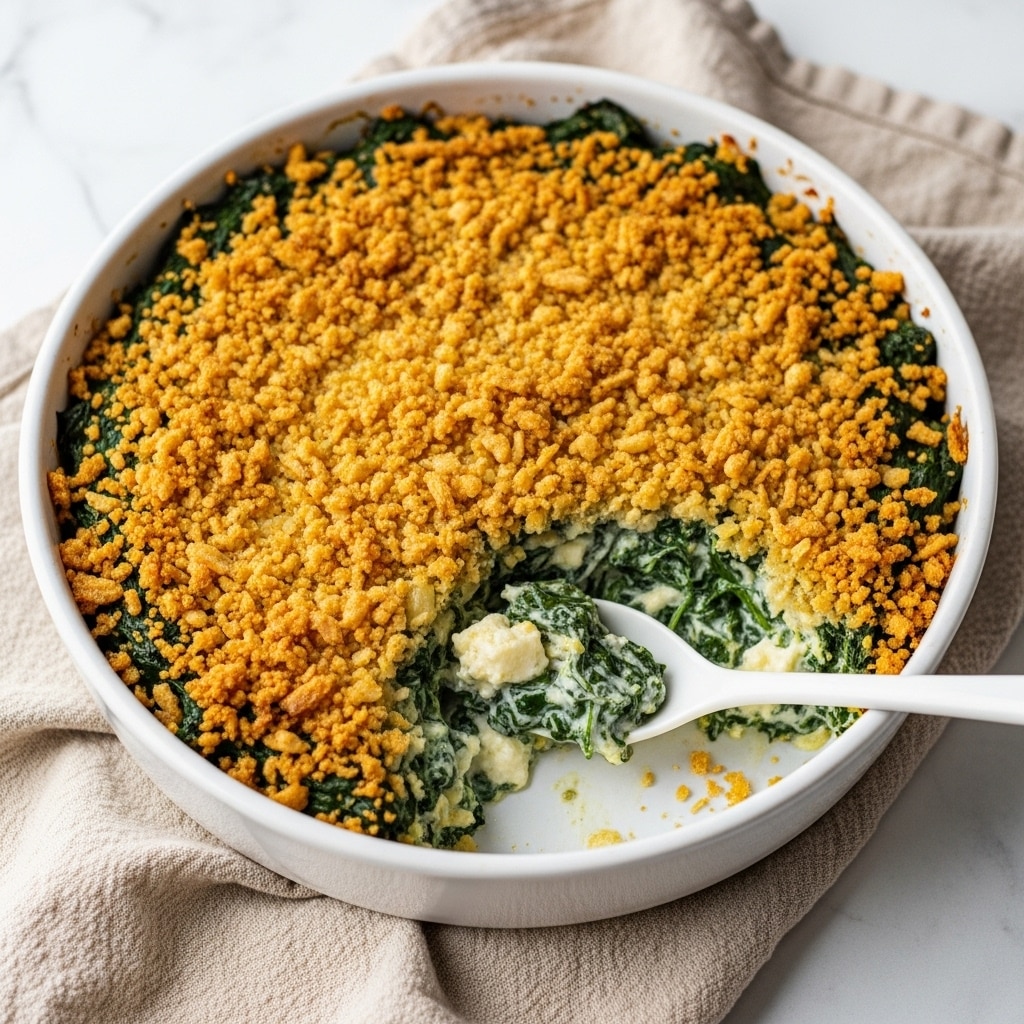 A round white ceramic dish filled with a creamy spinach casserole, topped with a thick, golden-brown layer of crispy fried onions evenly spread across the surface. The casserole beneath shows a mix of green spinach and creamy white sauce with some visible texture from melted cheese. Part of the casserole is scooped out at the bottom left, revealing the soft, green and white creamy layers below the crunchy topping. A white spoon rests inside the dish, partially submerged in the casserole, and a beige linen cloth is loosely placed next to the dish on a white marbled surface. Photo taken with an iphone --ar 4:5 --v 7