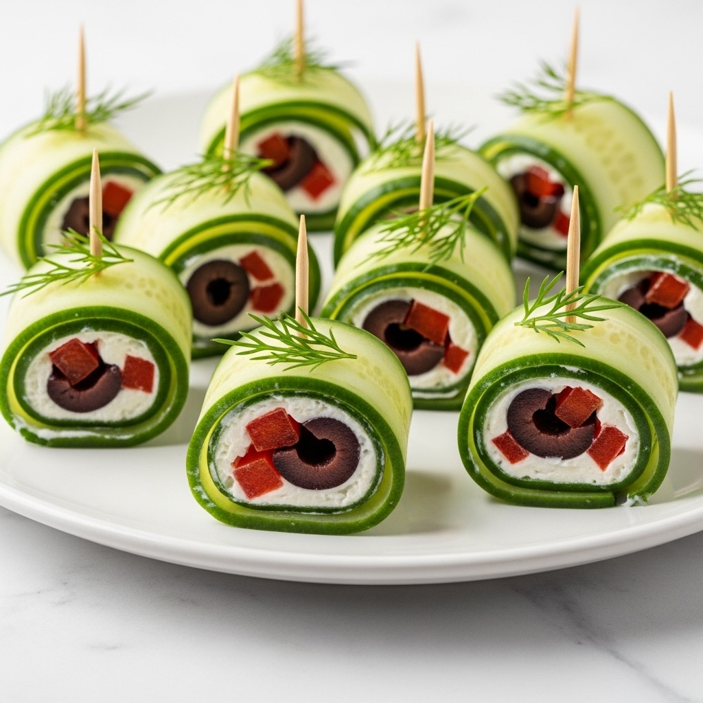 The image shows several small rolled cucumber appetizers placed on a white plate over a white marbled surface. Each roll has thin green cucumber slices wrapped around soft white filling that looks creamy, with pieces of red and purple vegetables visible inside. The cucumber rolls are held together with small wooden toothpicks, and a small sprig of green herb is placed on top of some rolls for decoration. The focus is sharp on the closest rolls, showing their fresh texture and colors clearly, while the background is softly blurred. photo taken with an iphone --ar 4:5 --v 7