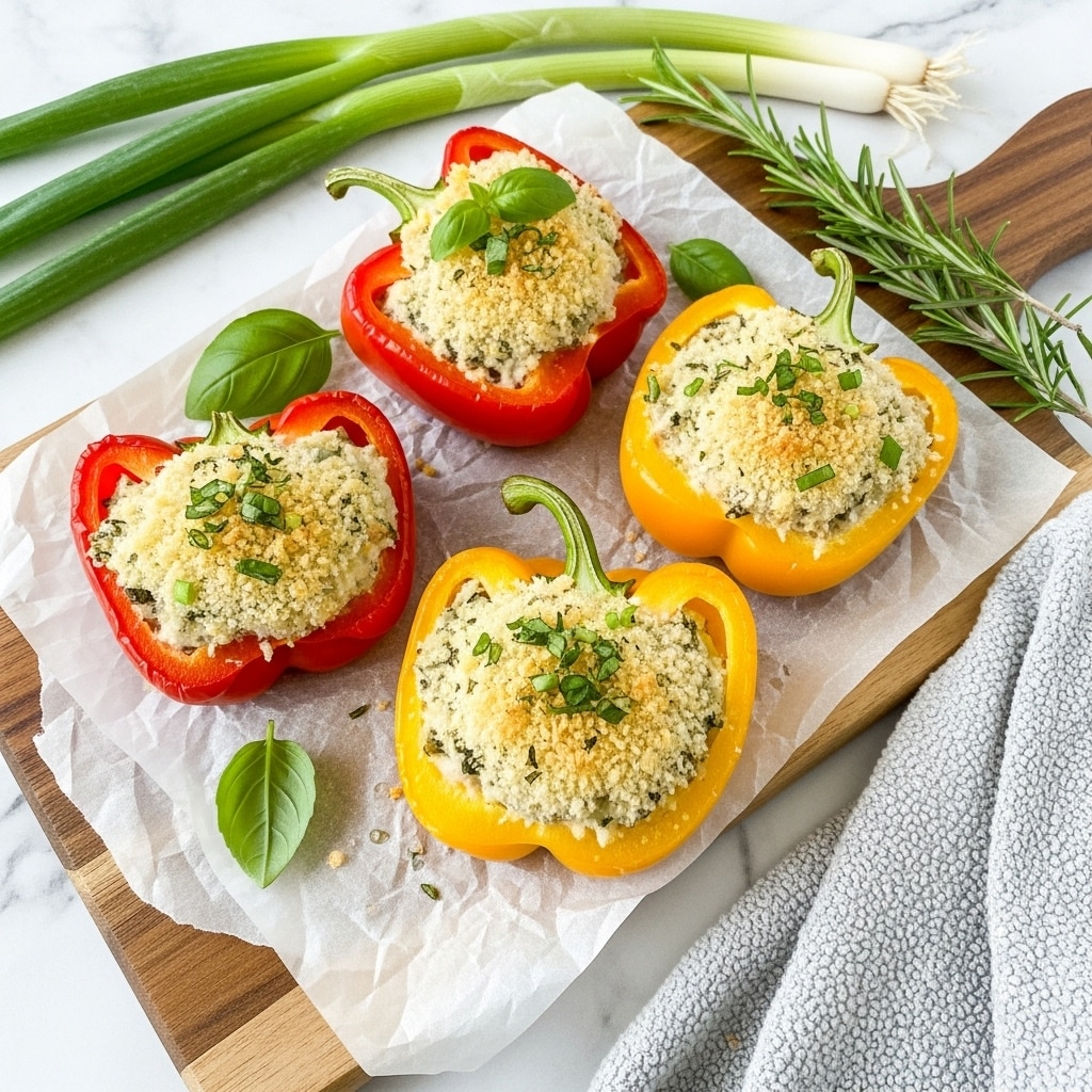 Four stuffed bell pepper halves, two red and two yellow, sit on crumpled parchment paper atop a wooden board. Each pepper half is filled with a creamy white mixture that has green herb flecks and a light golden breadcrumb topping. One red pepper half is garnished with a small basil leaf. In the background, two long green onions lie horizontally, and a sprig of fresh rosemary is placed near the board's edge. A gray textured cloth is casually draped near the rosemary on a white marbled surface. photo taken with an iphone --ar 4:5 --v 7