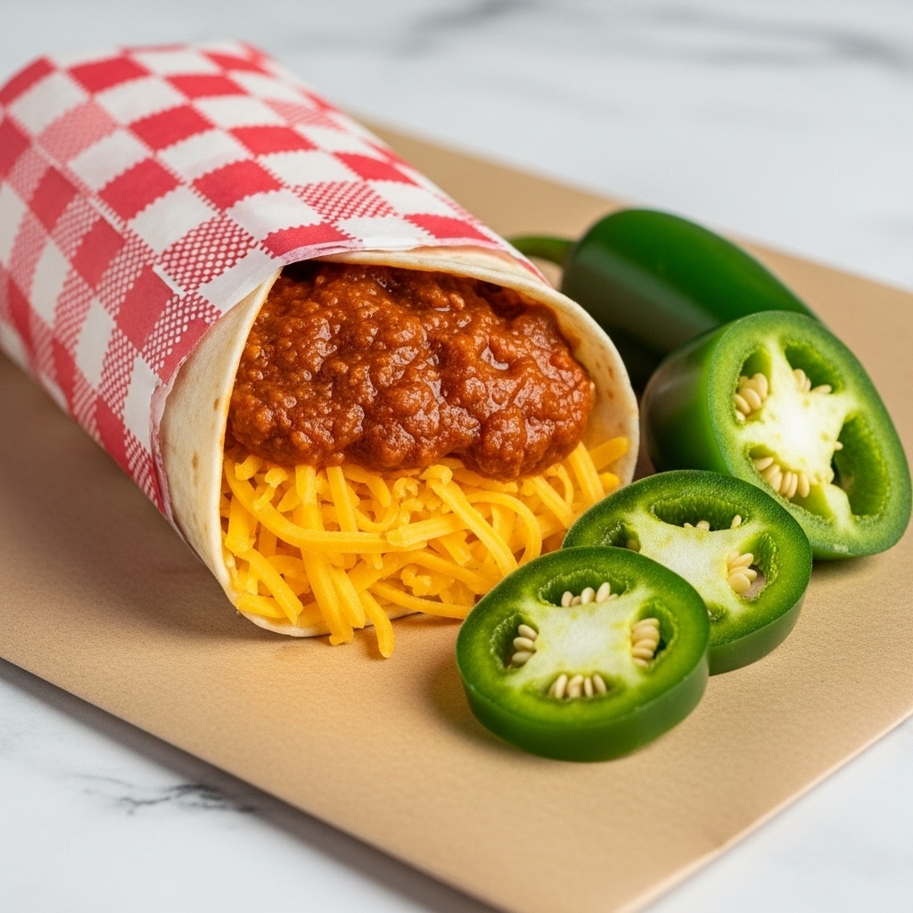 A close-up image of a burrito wrapped partially in red and white checkered paper on a white marbled surface. The burrito has a soft, lightly toasted flour tortilla on the outside. Inside, there are two visible layers: a bottom layer of thin, yellow shredded cheese and a top layer of thick, reddish-brown chili or meat sauce. To the right of the burrito, there are fresh green jalapeño slices and one whole jalapeño pepper. The background features a colorful pink, blue, and brown zigzag cloth. Photo taken with an iphone --ar 4:5 --v 7