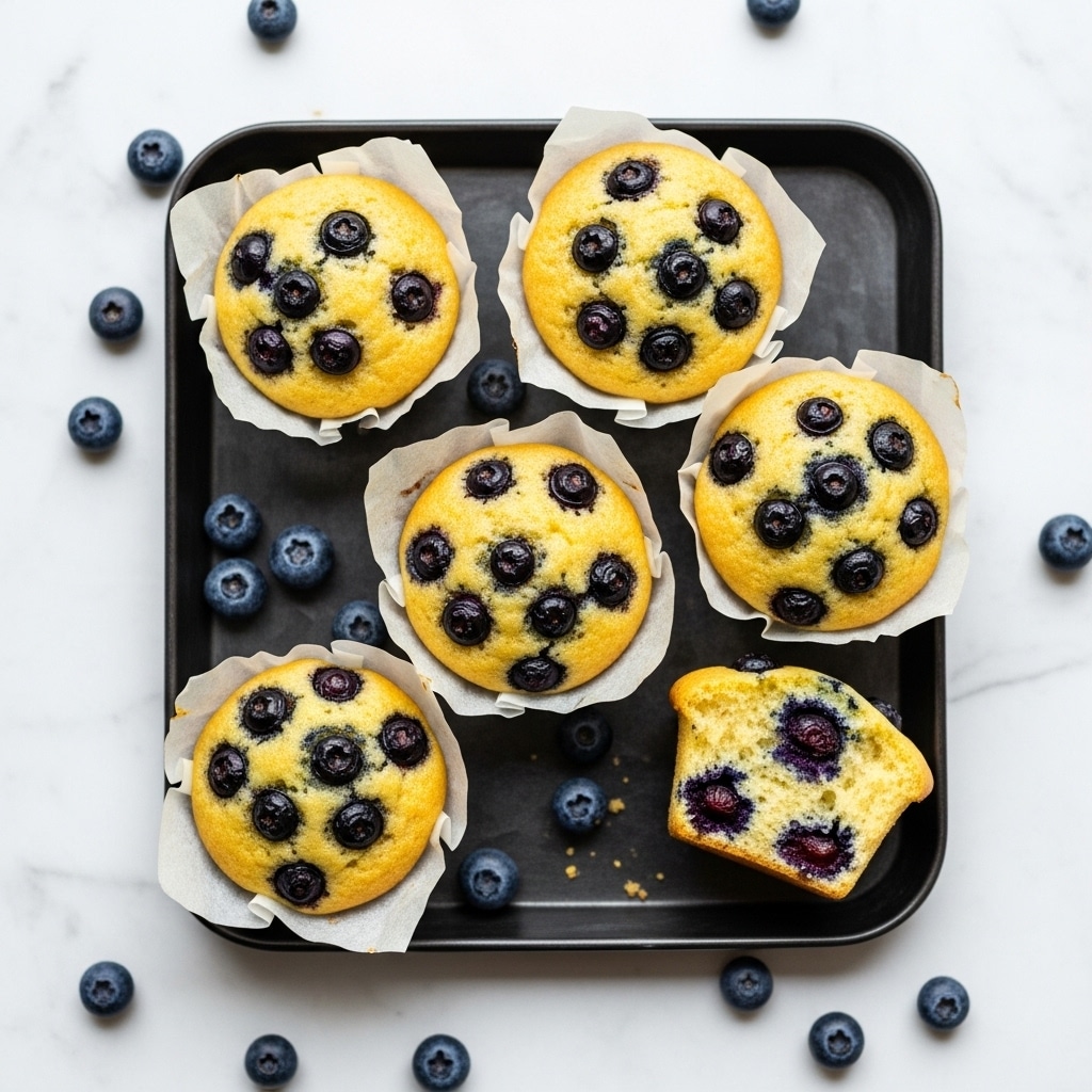 The image shows five blueberry muffins with light golden tops and dark blue spots from the blueberries inside. Four muffins are fully wrapped in purple paper liners, while one muffin is partly unwrapped with a silver liner showing its soft inside. Fresh blueberries are scattered around the muffins on a dark round baking tray, all set on a white marbled surface. The muffins have a slightly rough texture on top, and the blueberries appear juicy and slightly sunken into the muffins. photo taken with an iphone --ar 4:5 --v 7