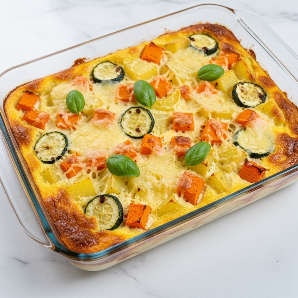 A clear rectangular glass dish holds a baked vegetable casserole with three layers visible: a base layer of yellow egg mixture, topped with a mix of orange pumpkin cubes, white potato chunks, and green zucchini slices scattered evenly, and a final layer of melted light yellow cheese bubbling over some vegetables. The casserole's edges are lightly browned, and a few small basil leaves add a touch of green on top. The dish is set on a white marbled surface. photo taken with an iphone --ar 4:5 --v 7
