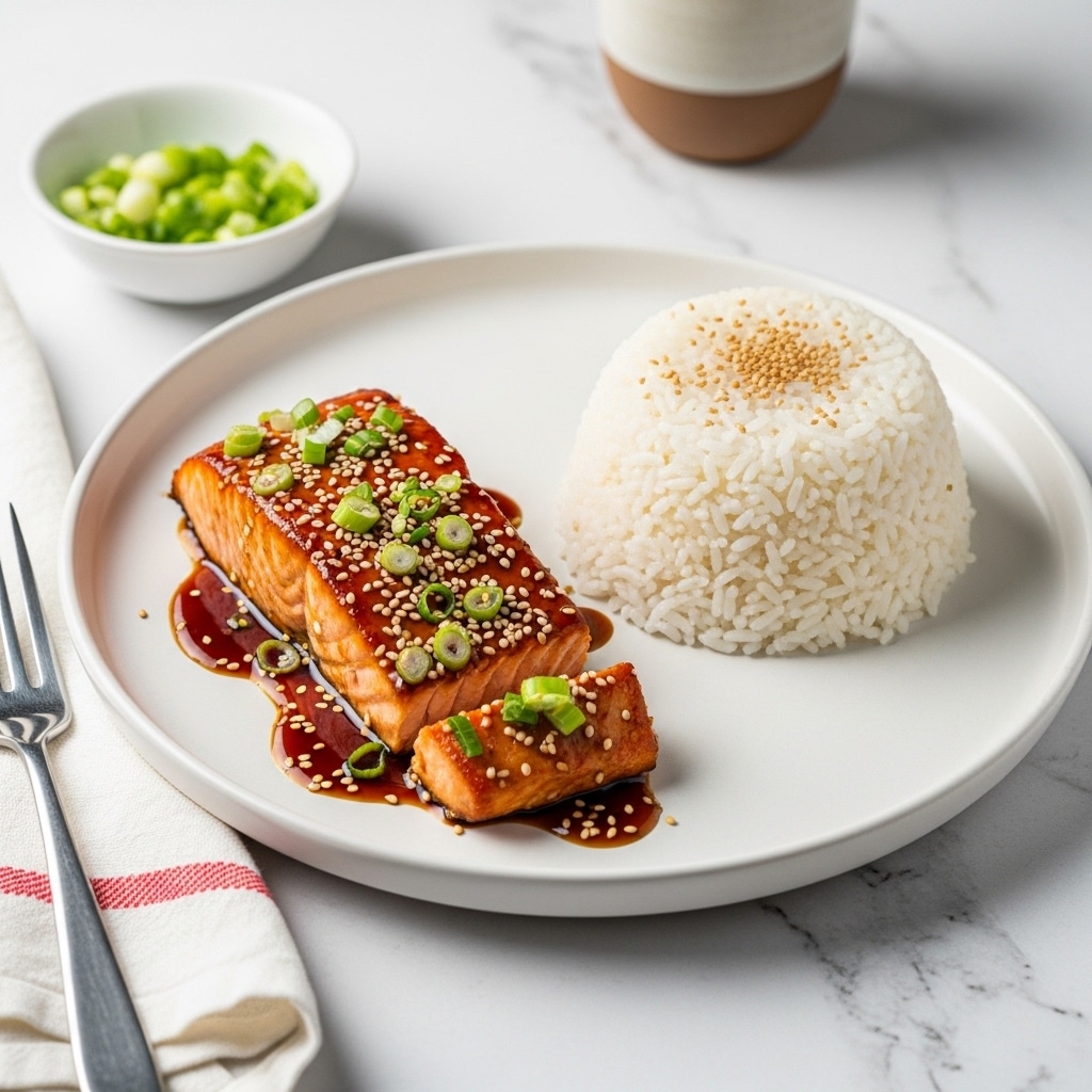 A white plate holds a piece of cooked salmon sliced into three segments, covered with a shiny dark brown sauce and topped with finely chopped green onions and white sesame seeds. Next to the salmon is a neatly shaped mound of white rice sprinkled lightly with white sesame seeds. Behind the plate is a small white bowl filled with additional chopped green onions and a copper teapot, all set on a white marbled surface. Photo taken with an iphone --ar 4:5 --v 7