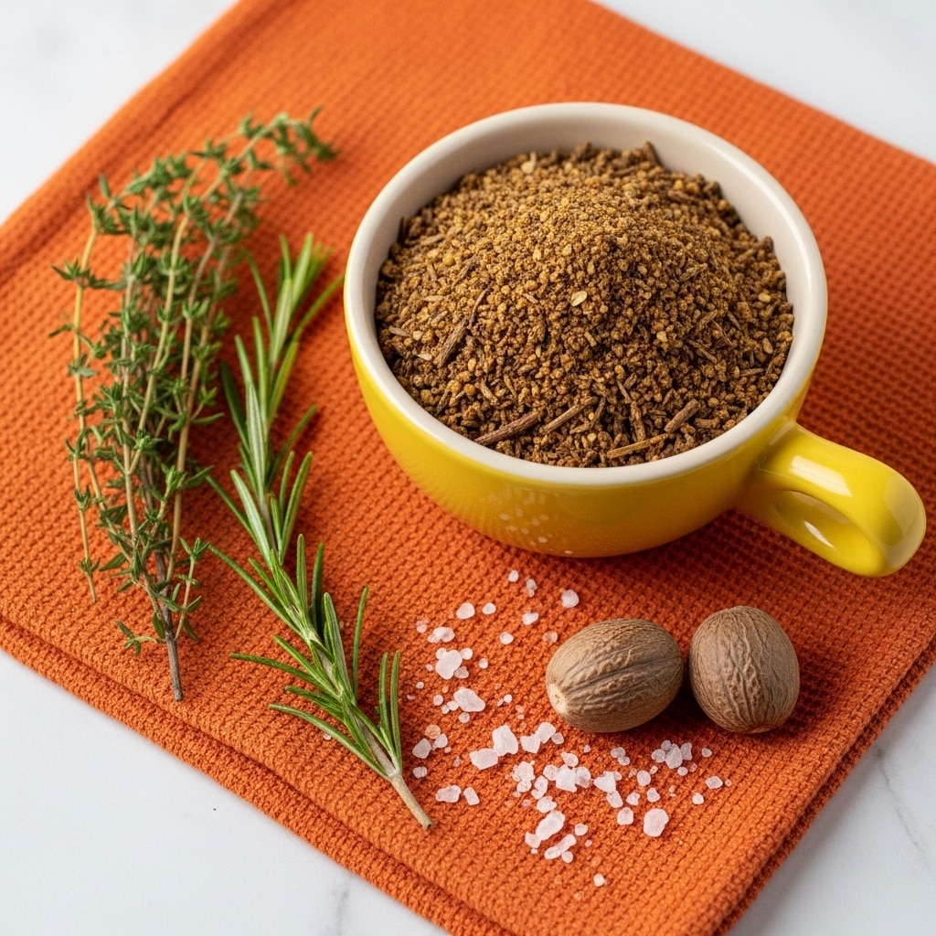 A yellow bowl with a handle is filled with a coarse brown herb mix that has small dry twig pieces. The bowl is placed on an orange textured cloth with some fresh green herb sprigs lying to the left side. Two whole nutmegs and some flakes of coarse white salt are scattered near the bowl on the cloth. The setting is bright with a white marbled texture surface underneath. Photo taken with an iphone --ar 4:5 --v 7