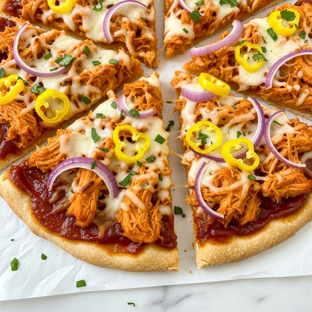 A round pizza is sliced into six large pieces, each slice showing a thick, golden-brown crust with a slightly soft and fluffy texture. The bottom layer is a dark red barbecue sauce spread evenly. Above it is a thick layer of melted white mozzarella cheese mixed with patches of orange cheddar cheese, stretching and bubbling. On top of the cheese, there are generous amounts of shredded, cooked chicken covered in orange barbecue sauce, along with thin rings of yellow bell peppers and small pieces of red onion scattered across the pizza. Small bits of chopped green onions are sprinkled on top, adding a fresh green contrast. The pizza rests on crumpled white parchment paper that sits on a white marbled surface. photo taken with an iphone --ar 4:5 --v 7