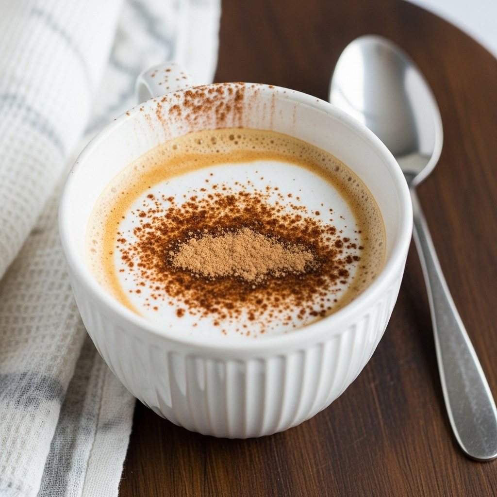 A white cup with vertical lines is filled with a three-layer drink: the bottom layer is light beige, the middle layer is creamy light brown, and the top layer is dusted with a fine dark brown powder. Some powder is also visible on the cup's rim. The cup is placed on a dark wooden board, next to a silver spoon with a slight shine. The background includes a white cloth on a white marbled surface. Photo taken with an iphone --ar 4:5 --v 7