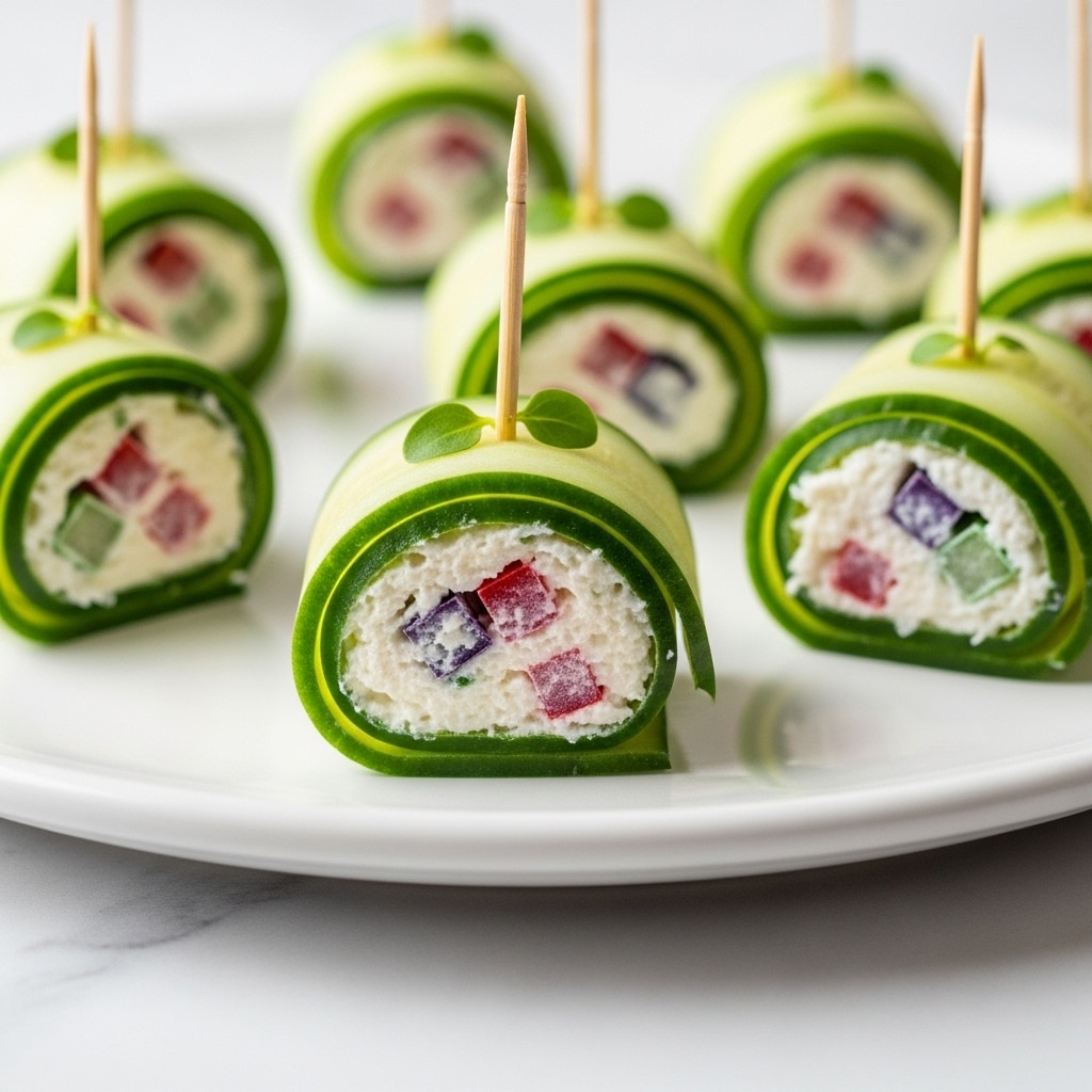 This image shows several small food rolls made of thin green cucumber slices rolled tightly into spirals. Each roll is filled with small layers of white cream cheese and bits of red pepper and dark olive, visible in the center. The rolls are held together with small wooden toothpicks and are topped with tiny sprigs of fresh green dill. They are neatly placed on a white plate that sits on a white marbled surface. The overall look is fresh, light, and colorful with shades of green, white, red, and dark purple. photo taken with an iphone --ar 4:5 --v 7