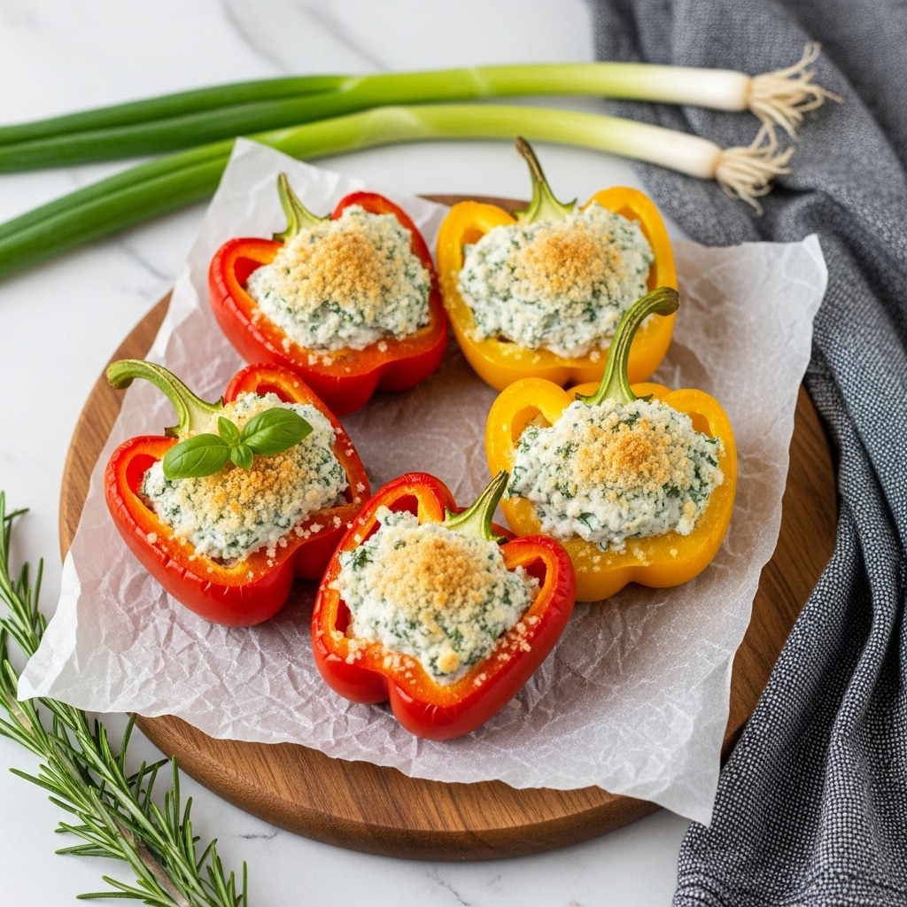 Four stuffed bell pepper halves sit on parchment paper over a wooden board. The peppers are two red and two yellow, each filled with a creamy mixture topped with a light golden breadcrumb layer and sprinkled with herbs and small green flecks. A few fresh basil leaves garnish the peppers. Behind the board are three long green onions, and a sprig of rosemary lies nearby on the white marbled surface. A light gray cloth with texture is partially visible at the bottom right. The lighting is bright and natural, highlighting the fresh colors and textures. Photo taken with an iphone --ar 4:5 --v 7