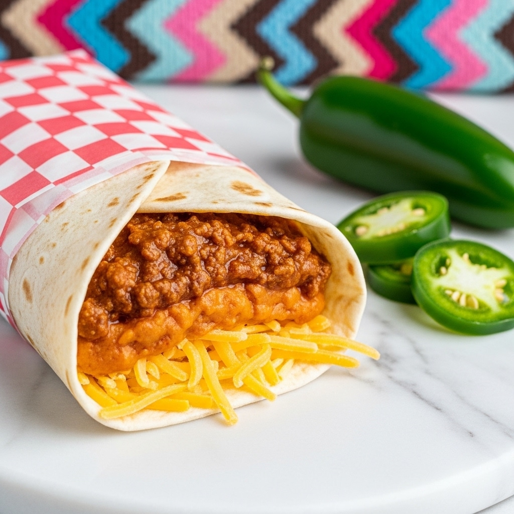 A close-up of a wrapped burrito resting on a sheet of brown paper with a white marbled textured surface underneath. The burrito is partially wrapped in red and white checkered paper, showing the inside filled with layers: first, bright yellow shredded cheese, topped with a thick, chunky reddish-brown meat sauce. Beside the burrito, there is a green jalapeño sliced into rounds and a halved jalapeño with visible seeds, all placed clearly on the white marbled texture. Photo taken with an iphone --ar 4:5 --v 7