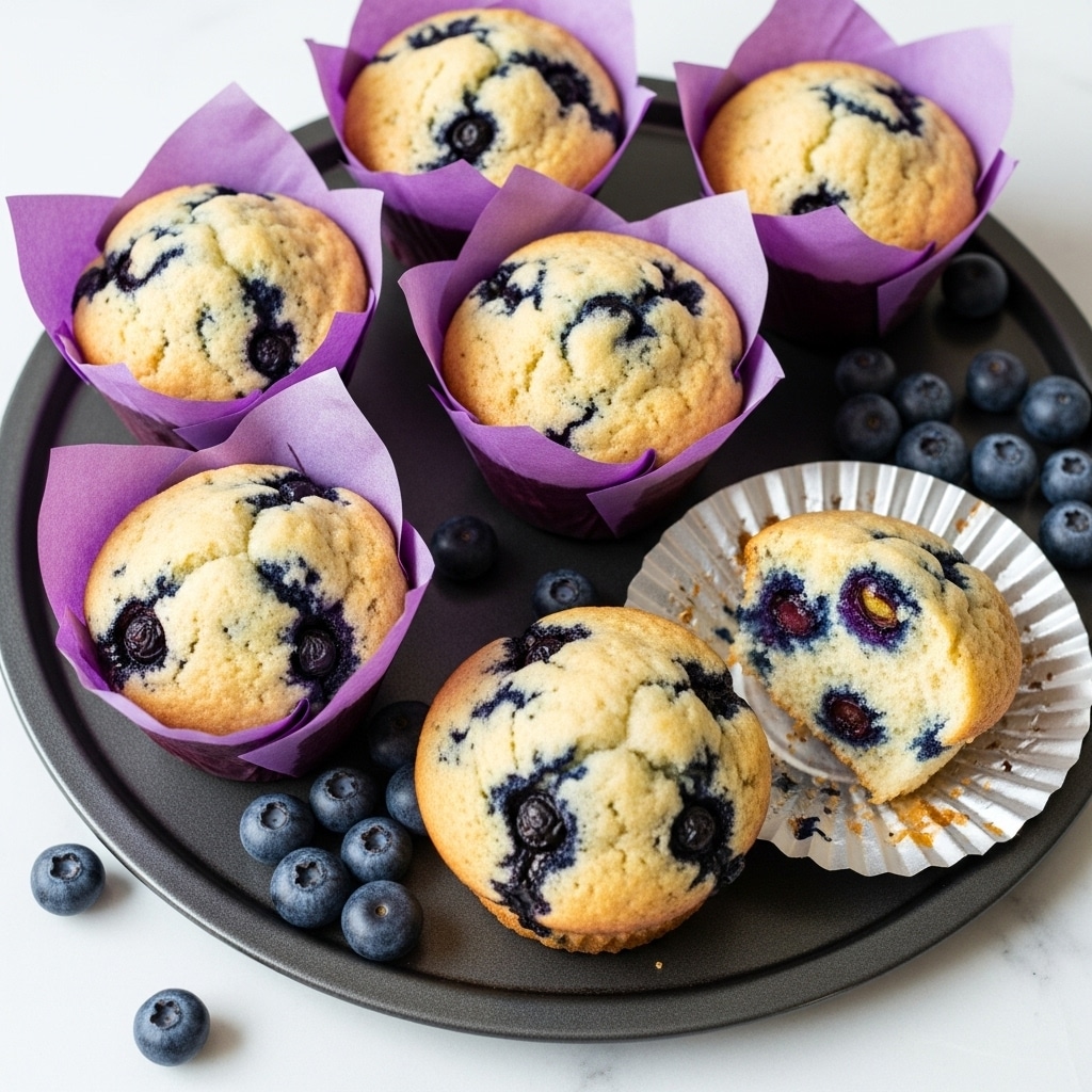 A dark metal tray holds six golden yellow muffins with burst blueberries scattered across their tops, some muffins in crinkled paper liners, and one muffin partially eaten showing a soft, crumbly inside with blueberries; the tray is placed on a white marbled surface with several loose fresh blueberries scattered around, creating a fresh and inviting look. photo taken with an iphone --ar 4:5 --v 7
