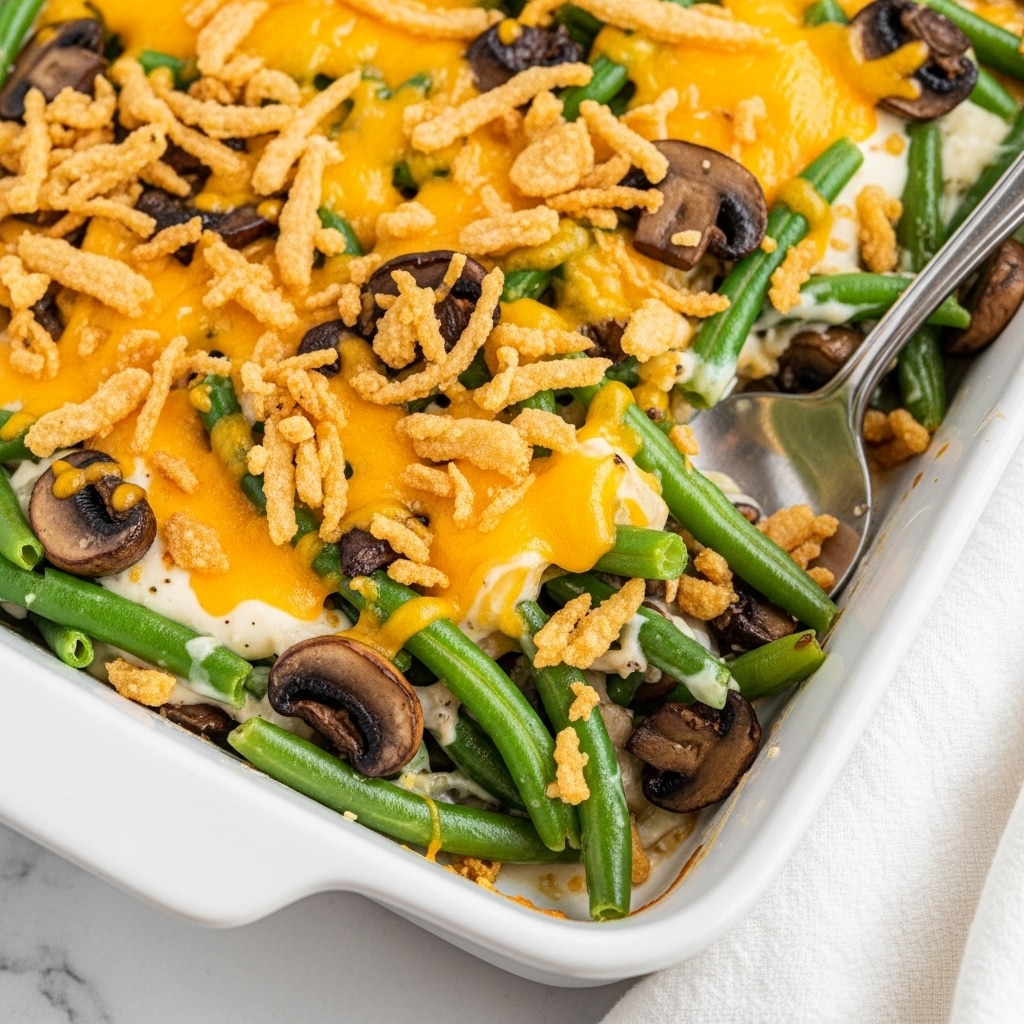 The image shows a close-up of a green bean casserole in a white rectangular baking dish. The dish has several layers visible: at the bottom are bright green beans mixed with small chunks of dark brown mushrooms. The middle layer is creamy with melted cheese in shades of yellow and orange spread unevenly. The top layer consists of crispy golden brown fried onions scattered across the surface. A metal spoon is scooping some of the casserole from the dish, revealing a mix of all the layers. The background is a white marbled texture. photo taken with an iphone --ar 4:5 --v 7
