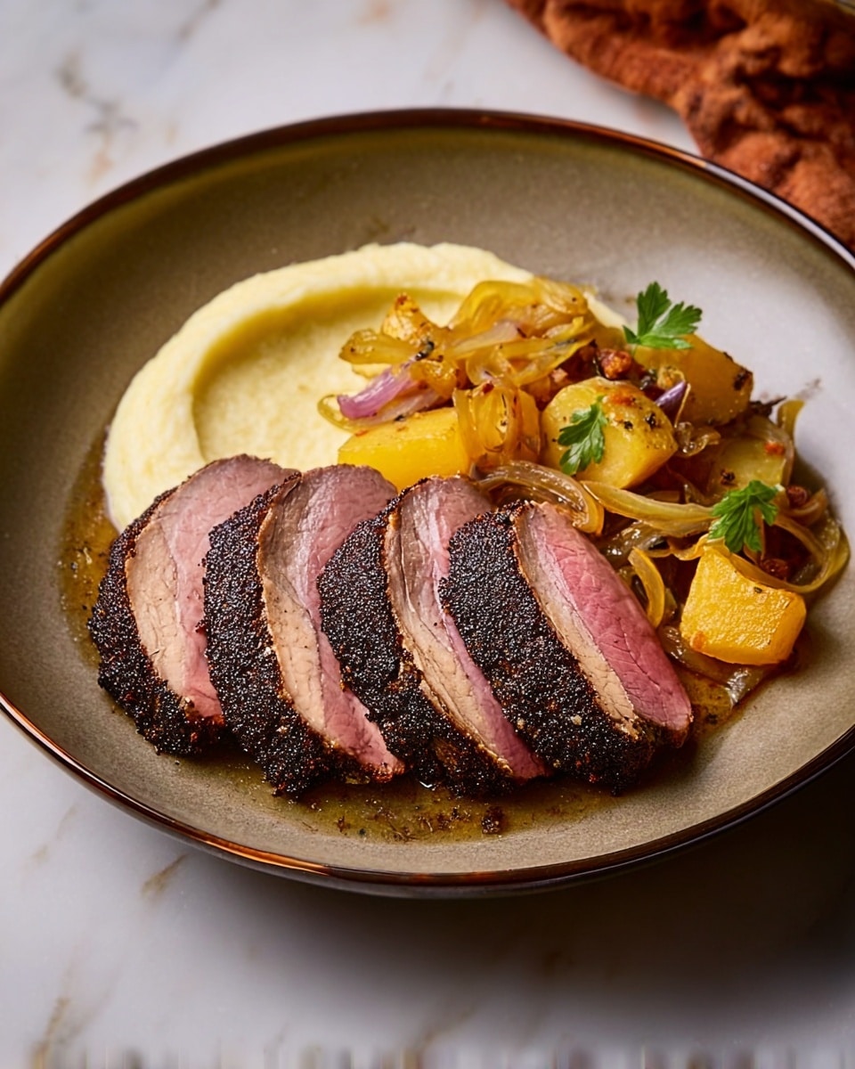 The dish features three slices of cooked meat with a dark, crispy outer crust and a pink, juicy center, arranged overlapping on one side of a white plate with a white marbled background. Next to the meat is a smooth, creamy, pale yellow layer of mashed potatoes. On the other side of the meat, there is a colorful mix of sautéed onions and golden roasted potatoes, adding a slightly translucent texture and vibrant warm tones. The overall presentation is neat and inviting. Photo taken with an iphone --ar 4:5 --v 7