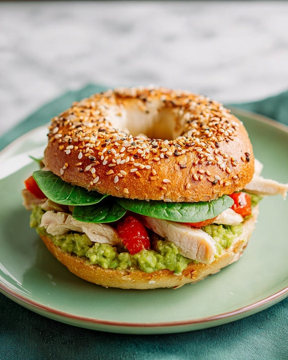 A sesame seed bagel sandwich sits on a white plate, resting on a white marbled surface. The sandwich has three main layers: the bottom is a toasted sesame bagel half with a slightly rough, golden-brown color; next is a mix of green mashed avocado and diced red tomatoes, spreading thickly over the bagel; above that, there are pieces of white chicken breast, with smooth texture and slightly browned edges; finally, a fresh, bright green spinach leaf layer peeks out below the top sesame bagel half, which is golden and covered with sesame seeds. Photo taken with an iphone --ar 4:5 --v 7