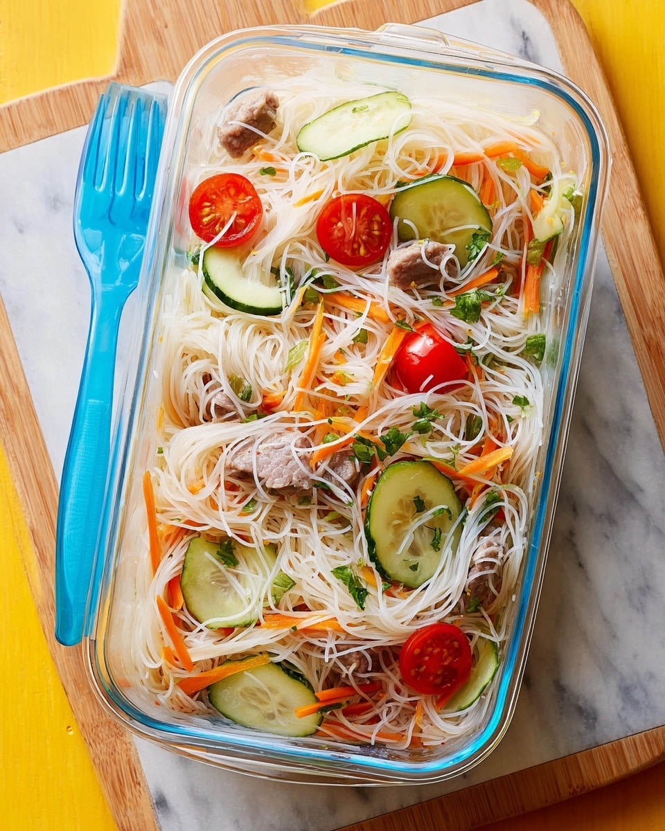 This image shows a clear glass container filled with a fresh noodle salad on a white marbled surface. The bottom layer includes thin white rice noodles, which are loosely arranged and slightly twisted. On top of the noodles are thin slices of bright green cucumber, shredded orange carrots, and halved red cherry tomatoes spread evenly throughout. Small chunks of cooked meat with a tender texture are scattered across the salad. The salad is garnished with finely chopped green herbs that add a speckled green detail. A blue plastic fork rests diagonally on the container, and in the background there is a small glass jar filled with a dark reddish-brown sauce. Photo taken with an iphone --ar 4:5 --v 7