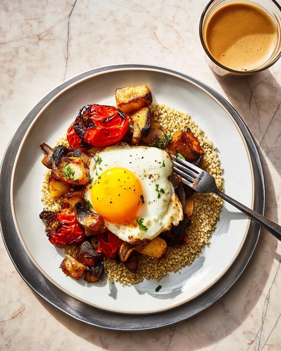 A white plate sits on a larger round metal tray, both placed on a white marbled surface. The dish has three main layers: the bottom layer is a beige, coarse-textured base spread evenly across the plate. Above this is a mix of golden to dark brown roasted potato chunks and slices of red tomato, scattered around but mostly near the edges. On top is a sunny-side-up egg with a smooth, shiny white and a bright yellow yolk in the center. A fork rests on the right side of the plate, holding a piece of tomato, adding a silver shine to the image. A cup of light brown coffee is placed near the top right corner. Photo taken with an iphone --ar 4:5 --v 7
