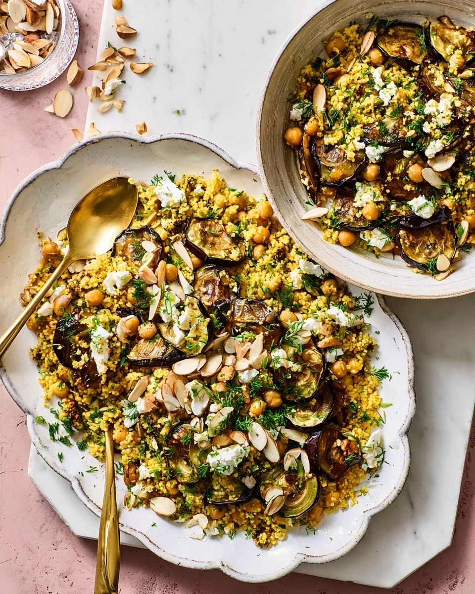 The image shows a white ornate plate filled with a mixed salad. The base layer is yellow bulgur wheat, mixed with light brown chickpeas scattered throughout. On top are thin slices of roasted purple eggplant with golden brown edges, and light yellow caramelized onions. White crumbled cheese is sprinkled unevenly over the dish. Bright green chopped herbs are spread across, adding freshness. Light brown toasted almond slices are scattered all over the salad. Two gold forks rest on the plate, partly inside the salad. The plate is set on a white marbled surface with a smaller bowl on the bottom right, containing a similar salad with a gold fork inside. Photo taken with an iphone --ar 4:5 --v 7