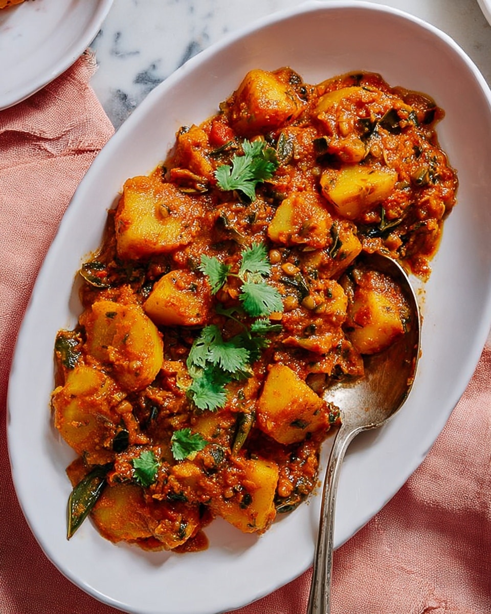 The dish shows a white oval plate filled with chunky pieces of yellow potato mixed with a thick, reddish-orange sauce containing visible bits of green herbs, brown mustard seeds, and red chili slices. The sauce gives a slightly oily shine and coats each potato piece unevenly, while fresh green cilantro leaves are scattered on top for color contrast. A silver spoon rests inside the plate on the right side, partially submerged in the food. The plate sits on a soft pink cloth over a white marbled surface. photo taken with an iphone --ar 4:5 --v 7