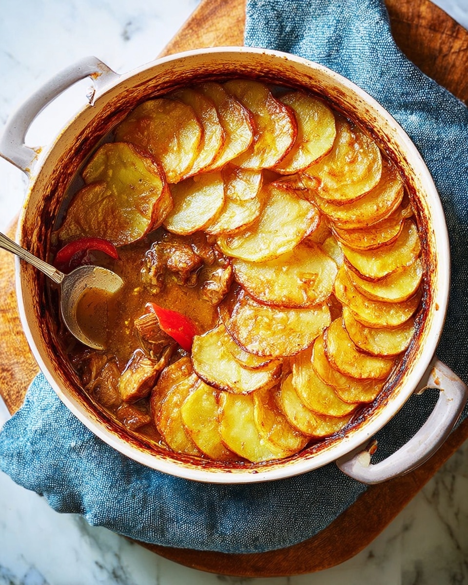 A round white pot filled with a cooked dish showing a top layer of thinly sliced golden-brown potatoes arranged in a circular pattern, some with crispy darker edges. Underneath, visible chunks of browned meat and pieces of red bell pepper sit in a rich brown sauce. The pot is placed on a wooden board on a white marbled surface with a blue cloth draped nearby. A metal spoon rests inside the pot. photo taken with an iphone --ar 4:5 --v 7