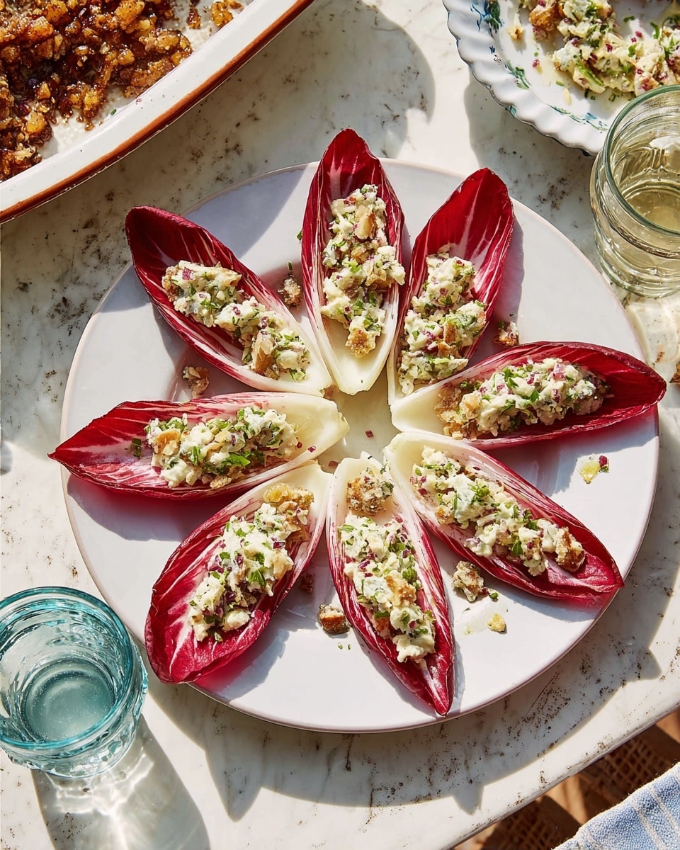 A white plate sits on a white marbled texture, holding eleven red and pink endive leaves arranged neatly in a circle. Each leaf is filled with a chunky topping made of small green, white, and light purple pieces mixed with some creamy crumbles, giving a varied texture. The endive leaves have a smooth and slightly curved shape, their red color fading into pale pink near the base. Nearby, a clear textured glass filled with water sits on the white marbled surface, and part of a white dish with a baked item is visible to the side. Photo taken with an iphone --ar 4:5 --v 7