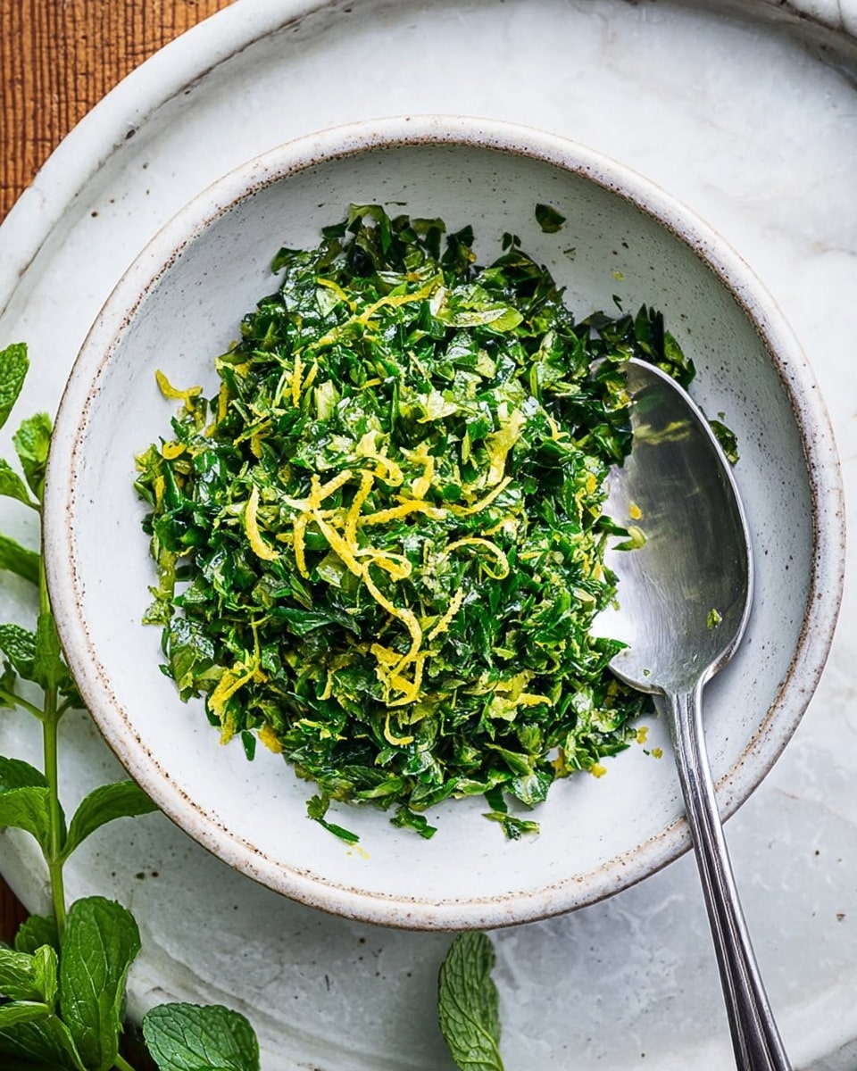 A shallow silver bowl holds a fresh green mixture of chopped herbs with thin yellow zest pieces scattered throughout, creating a textured, leafy look; a shiny silver spoon lays inside the bowl on the right side, slightly resting on the herb mix. This bowl is placed inside a larger shallow silver dish with speckled marks. On the left side of the scene, fresh green herb sprigs lie on a white marbled surface, adding a natural touch. The overall image shows a simple, fresh preparation with natural colors and metallic containers. photo taken with an iphone --ar 4:5 --v 7