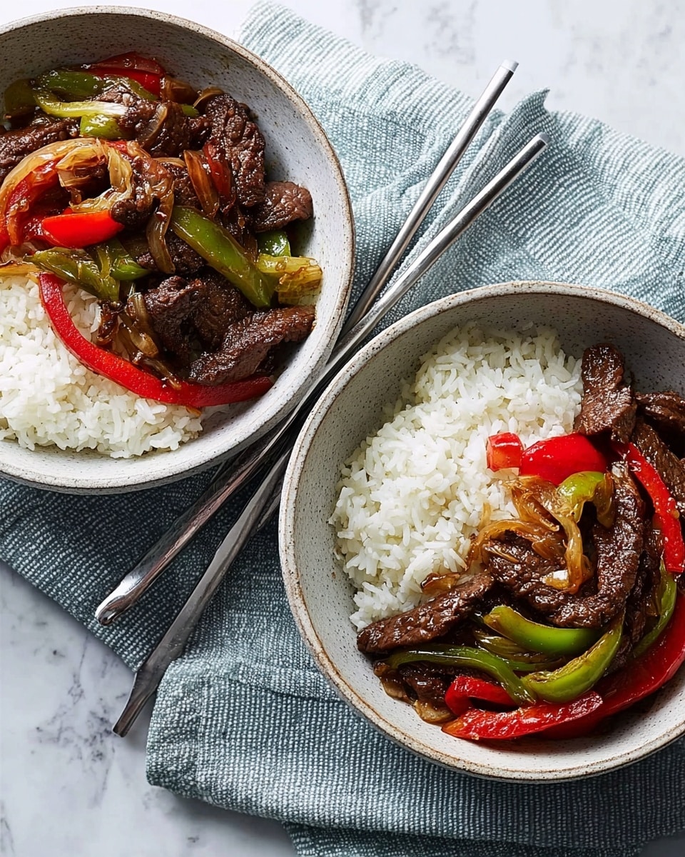 Two white bowls with a textured pattern sit on a white marbled surface, each filled with three layers of food. On one side, there is a portion of fluffy white rice with a soft texture, while the other side has stir-fried slices of beef with a dark brown, slightly glossy glaze. Mixed in with the beef are strips of cooked bell peppers in red and green, showing a tender texture and vibrant colors. A pair of silver metal chopsticks rests between the bowls on a striped cloth with blue, white, and beige colors. Photo taken with an iphone --ar 4:5 --v 7