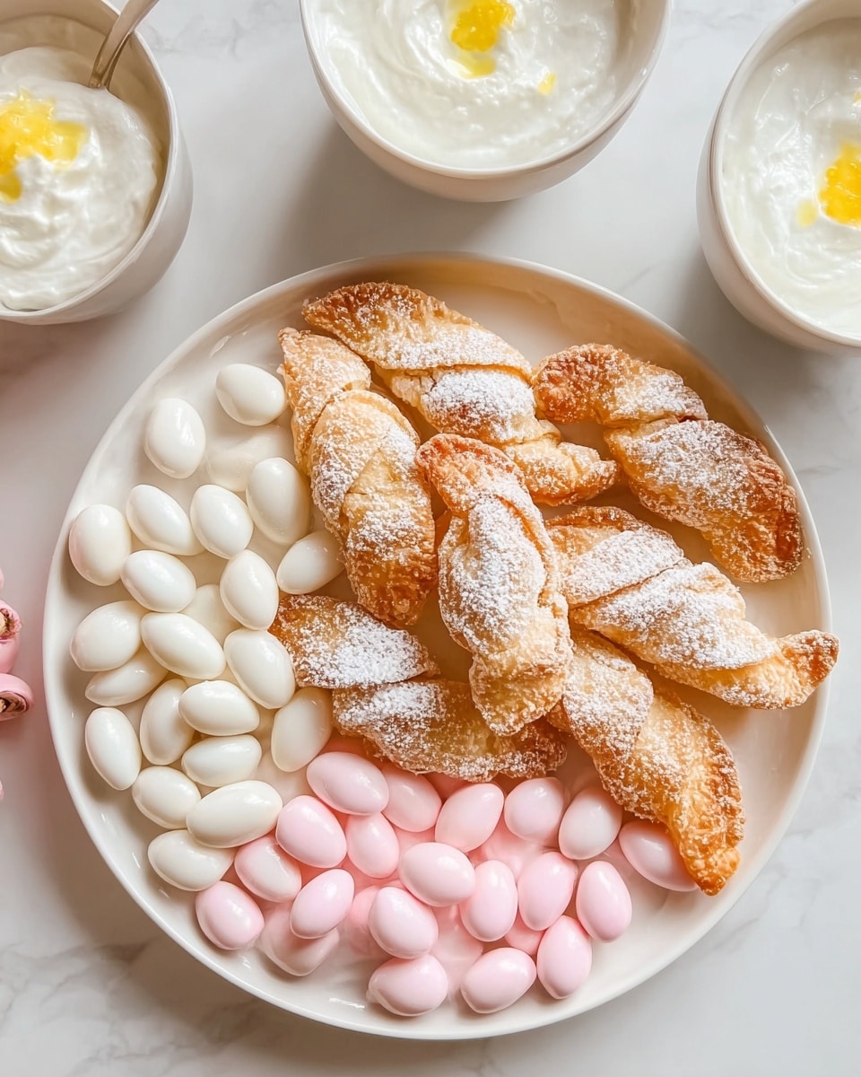 A round white plate sits on a white marbled surface, filled with three main items. On the upper half of the plate, there are several twisted, golden-brown fried pastries dusted with white powdered sugar, giving them a light, sugary coating. The bottom half of the plate is covered with small, smooth, oval candies in two colors—white on the left side and a soft pink on the right side—arranged in a dense cluster. Around the plate, there are bowls with white cream topped with a yellow center, resembling small fried eggs. The image is softly lit, highlighting the textures of the pastries and the smooth gloss of the candies. Photo taken with an iphone --ar 4:5 --v 7