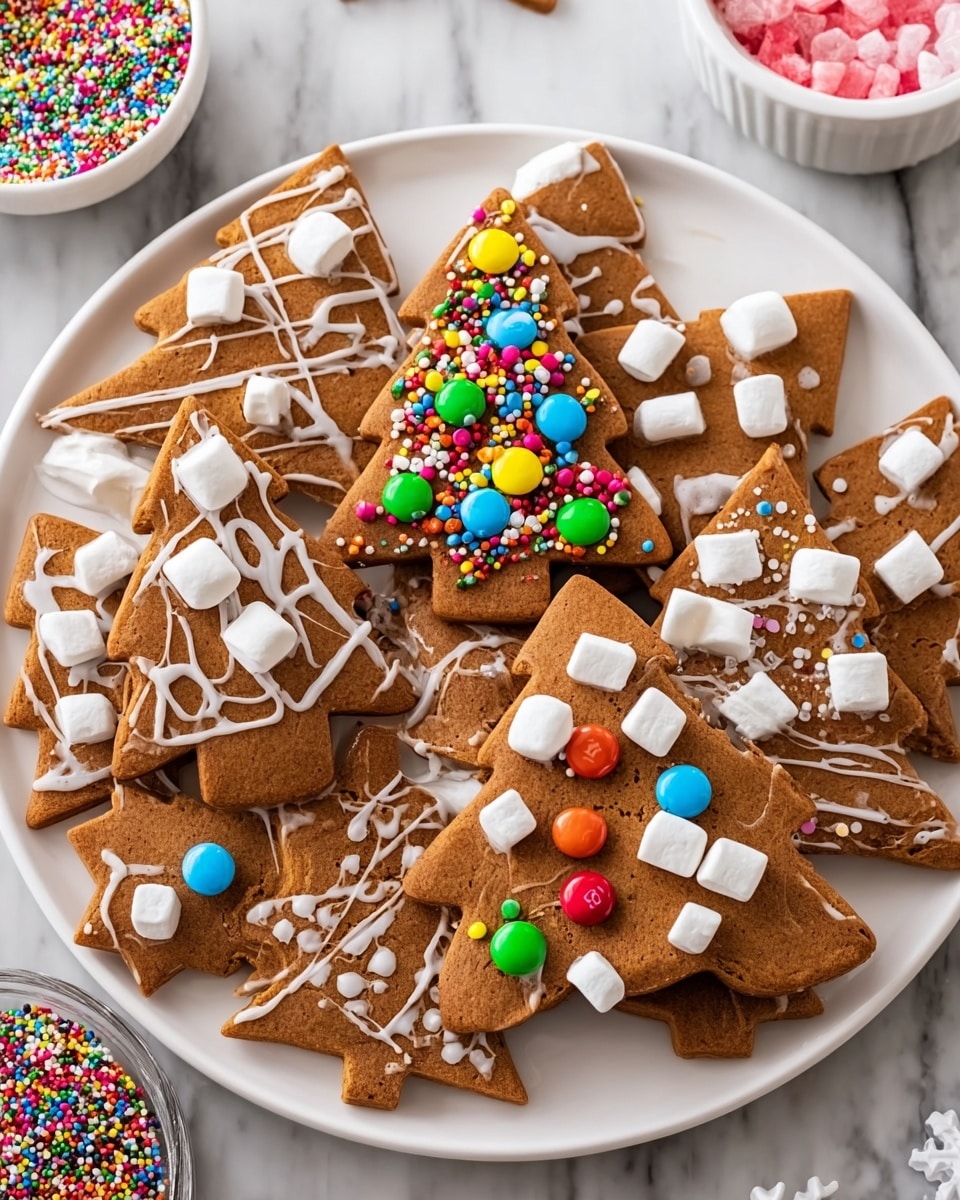 A white plate holds a variety of gingerbread cookies shaped like Christmas trees, stars, and houses. Each cookie is light brown with white icing carefully drizzled or dotted on top, creating simple patterns. Many cookies are decorated with small white marshmallows placed on top, while some have colorful candy-coated chocolates in red, green, yellow, and blue scattered across them. One triangle-shaped cookie is covered with bright rainbow sprinkles and multicolored candy pieces, adding a pop of color. The background shows a white marbled texture with a small white bowl filled with rainbow sprinkles and a red checkered cloth partially visible. Photo taken with an iphone --ar 4:5 --v 7