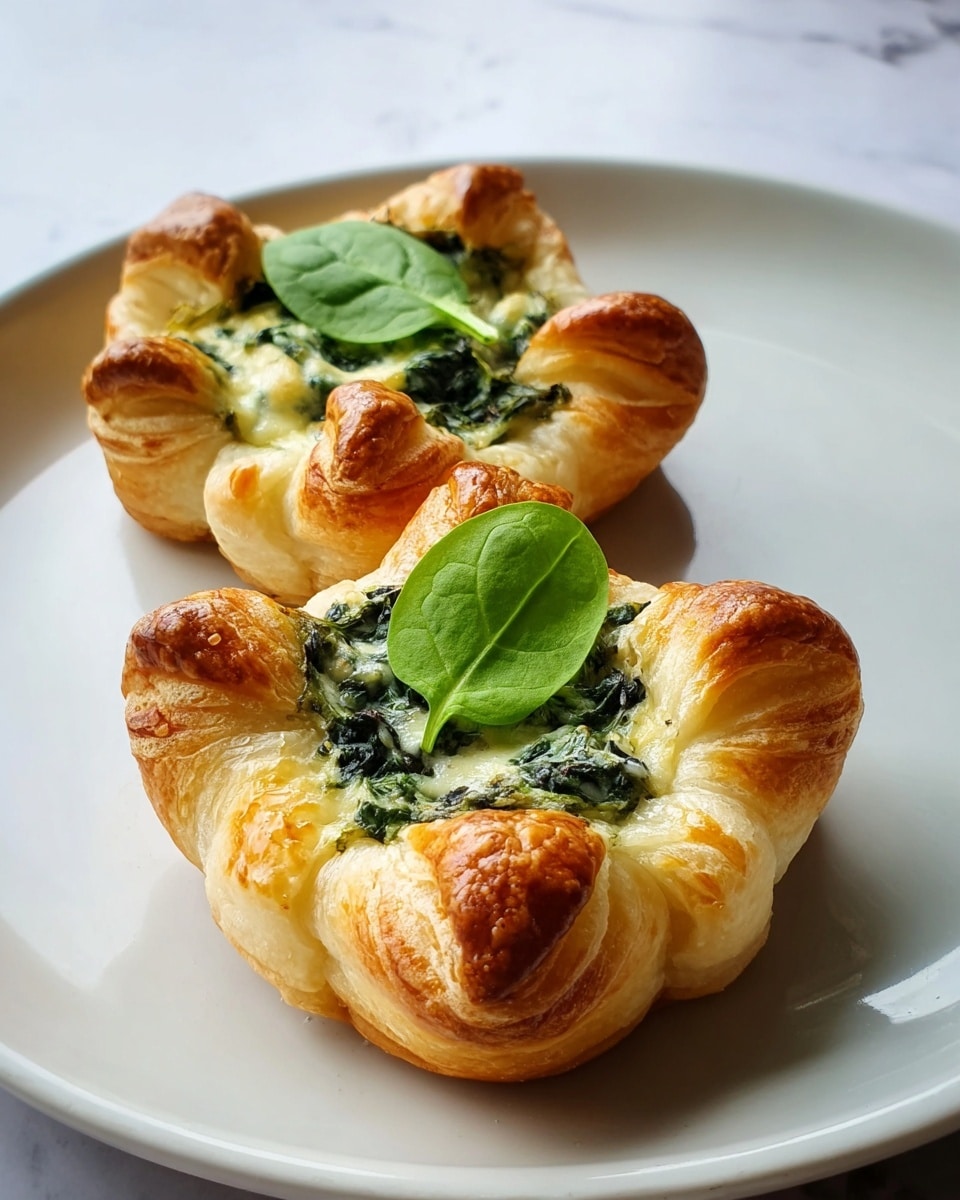 There are two star-shaped puff pastries on a white plate with a white marbled surface. Each pastry has five golden-brown, crispy layers curled outward, revealing a middle layer of dark green cooked spinach mixed with melted light yellow cheese. On top of each spinach and cheese filling is a single fresh, bright green spinach leaf. The edges of the pastries look flaky and slightly browned from baking. Photo taken with an iphone --ar 4:5 --v 7