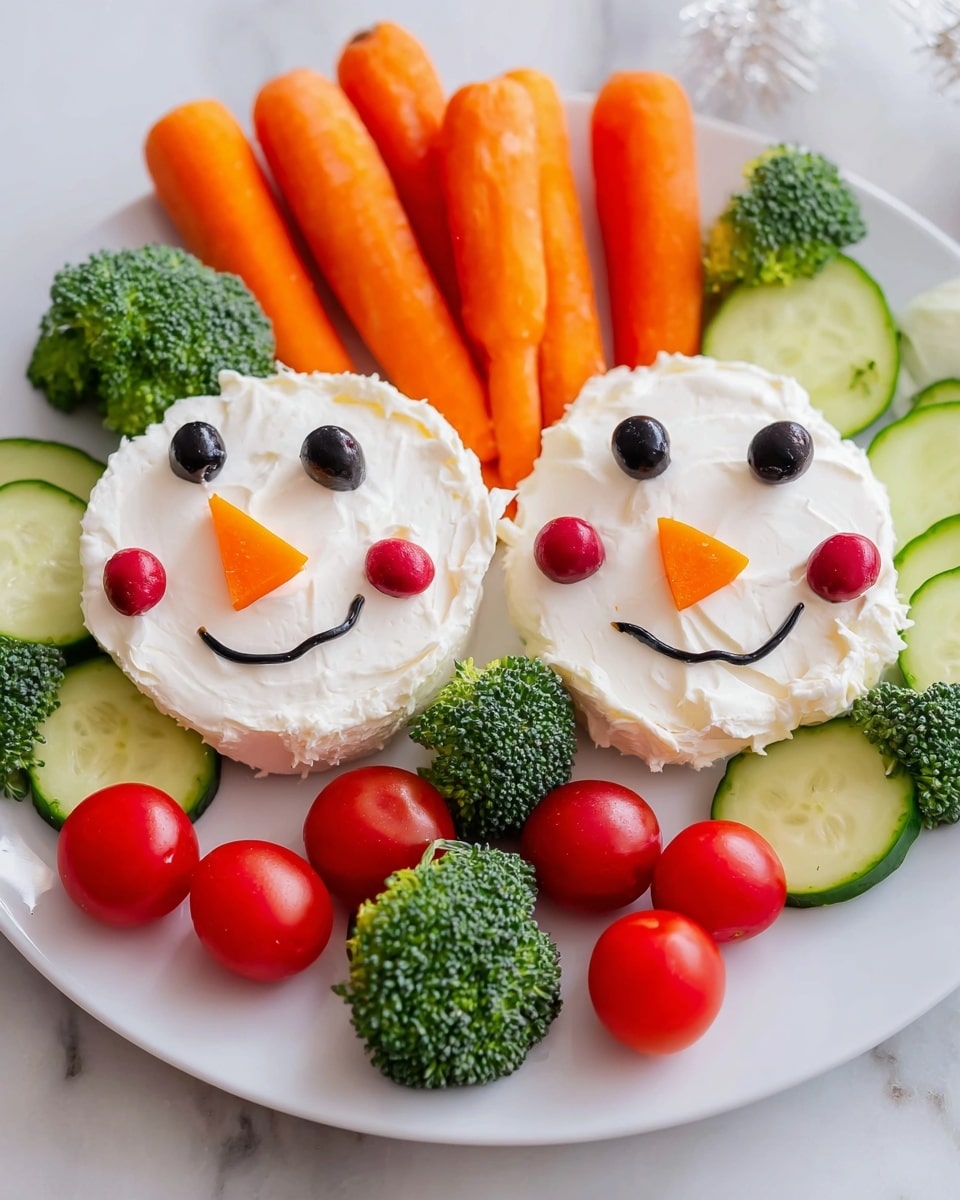 The image shows two snowman-shaped cheese balls on a white plate, each made of two white cheese layers stacked to form a head and body. The heads are decorated with black olive pieces for eyes and mouth, and a small orange carrot piece for the nose. Around the snowmen, there are bright orange baby carrots, green broccoli florets, red grape tomatoes, red bell pepper strips, and round cucumber slices arranged neatly on the white plate. The plate is set on a white marbled surface. Photo taken with an iphone --ar 4:5 --v 7