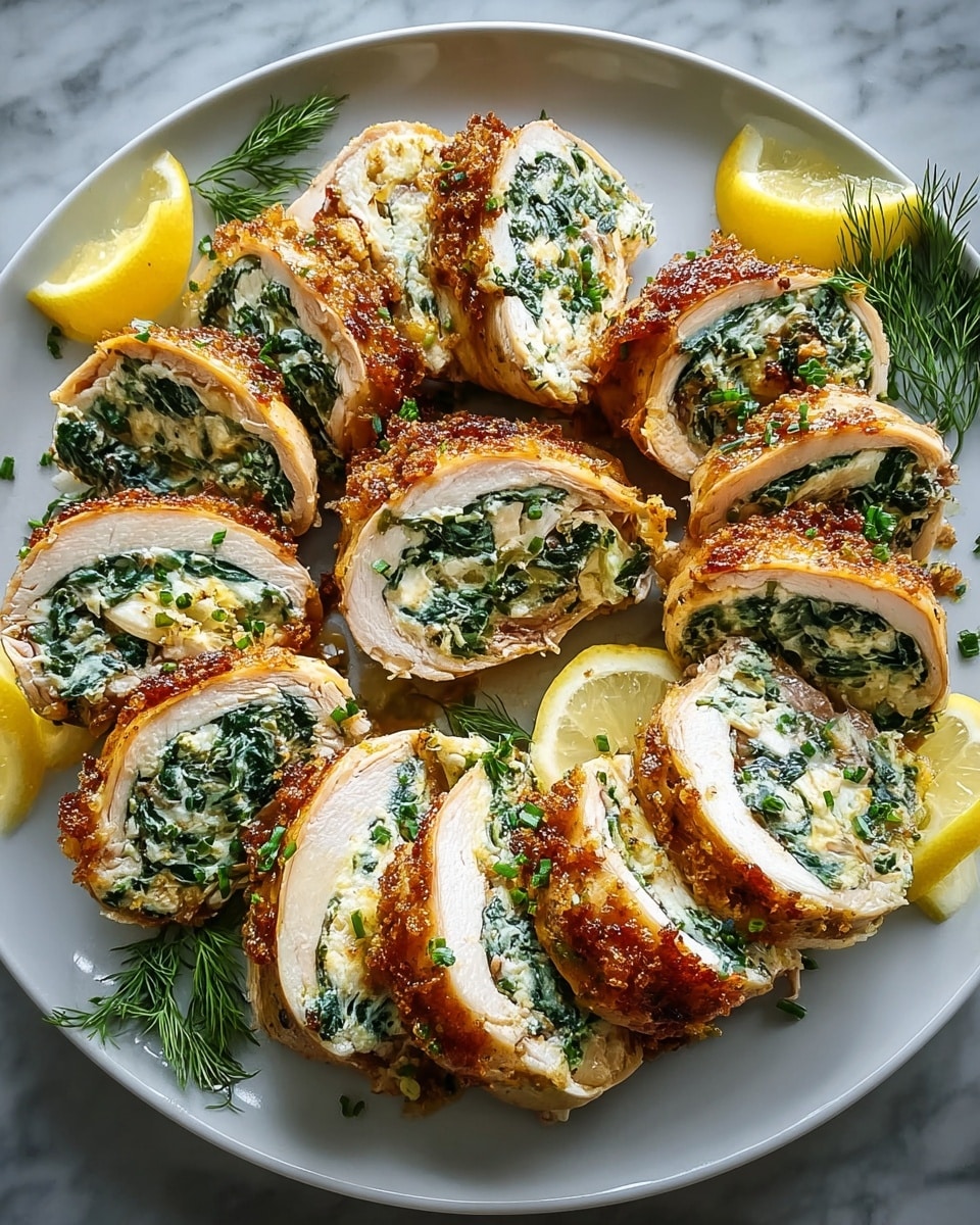 The image shows a white plate with stuffed chicken breast slices arranged in a circular shape. Each slice features three layers: a golden-brown crispy outer skin, a middle layer of white cooked chicken meat, and a filling of creamy white cheese mixed with dark green spinach inside. The chicken slices are garnished with small chopped green herbs and sprigs of fresh dill, with bright yellow lemon wedges placed around the edges. The plate is set on a white marbled textured surface. photo taken with an iphone --ar 4:5 --v 7