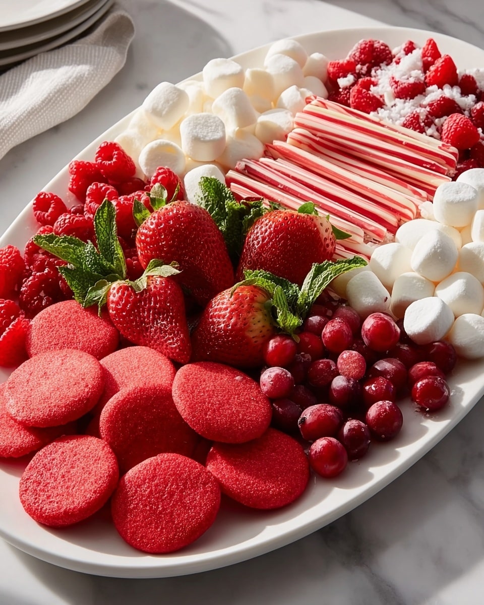 A white oval plate holds a colorful arrangement of sweet treats and fruits, divided into several sections. Starting at the bottom left, there are white and red striped candy sticks laid flat, next to a row of bright red round cookies with a soft texture. Above the candies and cookies, there are white soft marshmallows dusted lightly with sugar. In the center, there are red and white peppermint-coated balls with green mint leaves scattered for contrast. To the right of the peppermint balls, large fresh red strawberries with green tops are placed on top of more of the red round cookies. Moving further right, clusters of fresh bright red raspberries fill the section, some slightly darker red cranberries mixed in. At the top left, there is a pile of finely chopped red candy, adding a crunchy texture. The entire plate sits on a white marbled surface with bright natural lighting. photo taken with an iphone --ar 4:5 --v 7