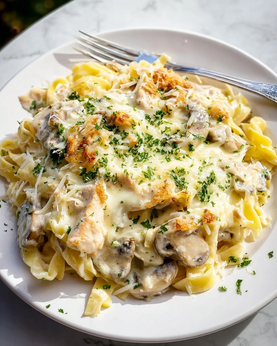 A white plate filled with a creamy pasta dish featuring three layers: the bottom layer is light yellow fettuccine noodles, the middle layer shows pieces of cooked white chicken and sliced mushrooms mixed with a white creamy sauce, and the top layer is melted, slightly browned cheese sprinkled with bright green chopped herbs, giving texture and freshness. The plate is placed on a white marbled surface with a fork beside the pasta. photo taken with an iphone --ar 4:5 --v 7