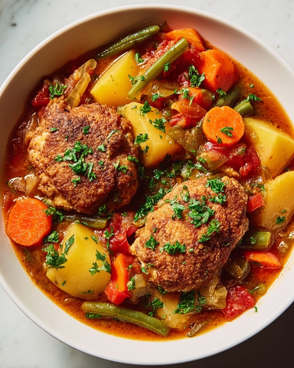 A white bowl filled with a rich stew showing two browned, crispy meat pieces near the center and bottom, partially submerged in a reddish-brown broth mixed with large pieces of orange carrot slices, beige potato chunks, green beans, and translucent onions. The dish is topped with small, scattered green herb pieces for a fresh look. The stew appears hearty and colorful, resting on a white marbled surface. photo taken with an iphone --ar 4:5 --v 7