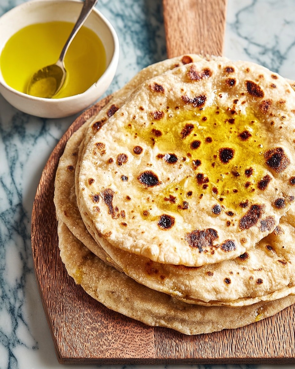 A stack of four round flatbreads with a golden-brown color and dark charred spots lies on a wooden board. The top flatbread has a shiny layer of melted butter spread unevenly, adding a glossy yellow tone. The flatbreads show a slightly rough texture with small air pockets. To the side, there is a white bowl holding yellow melted butter with a spoon resting inside. The surface underneath is a white marbled texture. photo taken with an iphone --ar 4:5 --v 7