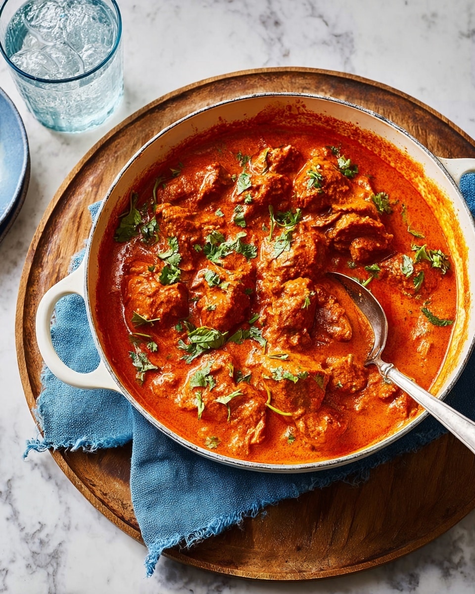 A round white pan with light blue handles holds a rich orange-red curry with thick sauce covering chunks of tender meat, scattered with fresh green cilantro leaves on top. A silver spoon rests inside the pan with some sauce and meat on it. The pan is placed on a dark wooden board, partially covered by a soft blue cloth. Next to it, a clear glass of ice water is visible on a white marbled surface with a few small leaves scattered around. The scene is bright and inviting, showing the texture of the sauce and meat clearly. Photo taken with an iphone --ar 4:5 --v 7