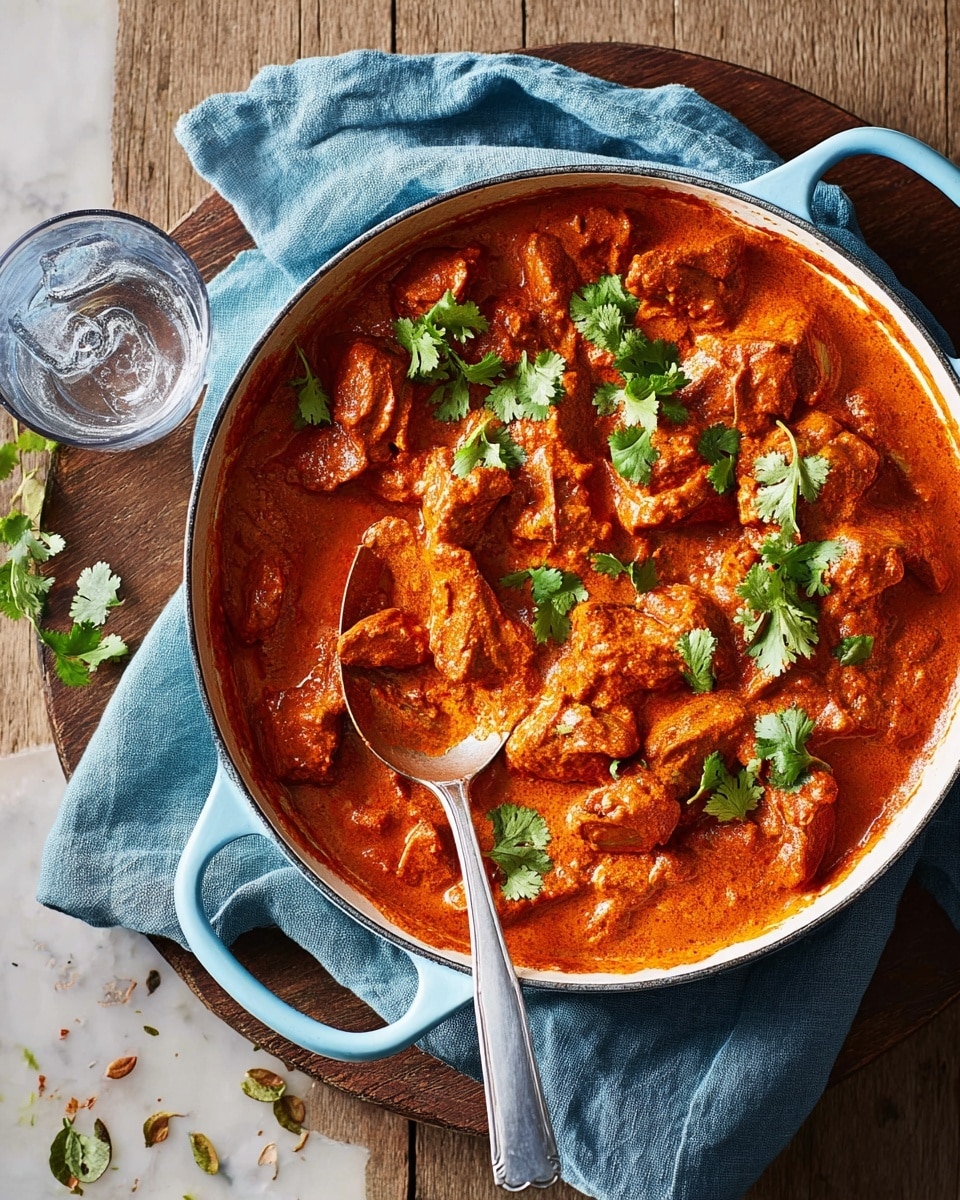 A white cooking pot filled with rich, creamy orange-red sauce covering soft chunks of meat, topped with scattered bright green herb leaves, sitting on a round wooden board. A silver spoon rests inside the pot, partly submerged in the thick sauce, with some sauce on the edges of the pot. A blue cloth is placed under the pot on the wooden board, and to the top left, there is a glass of ice water with condensation. The background is a white marbled texture. photo taken with an iphone --ar 4:5 --v 7