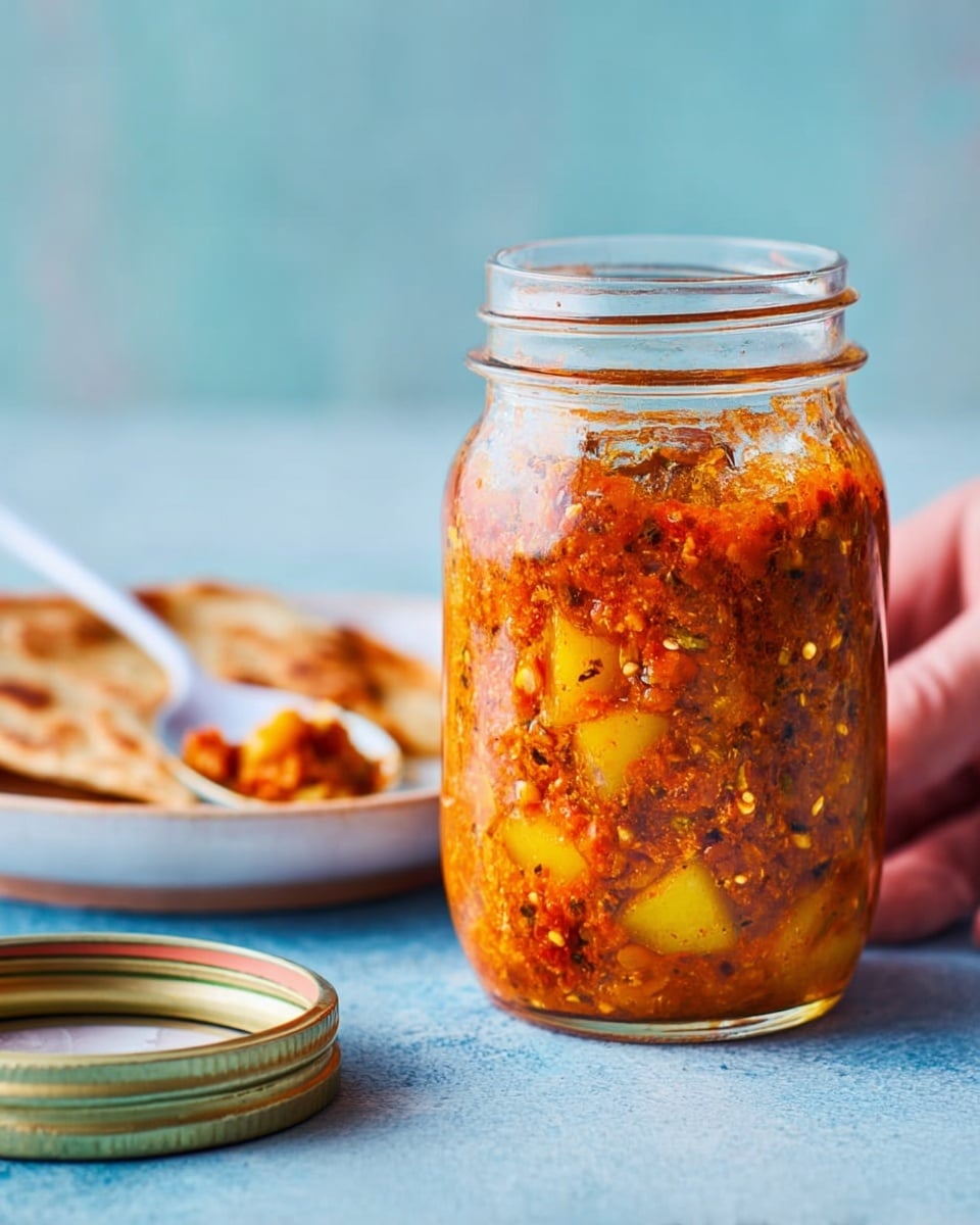 A clear glass jar filled with a thick, chunky mixture consisting of orange and yellow pieces with visible small bits and a slightly oily texture. The jar is placed on a light blue cloth surface with a white marbled texture underneath, and an opened metal lid lies beside it on the right. In the background, there is a white plate with a small piece of the mixture on it, and a white spoon rests near the plate. The background wall is solid blue. photo taken with an iphone --ar 4:5 --v 7